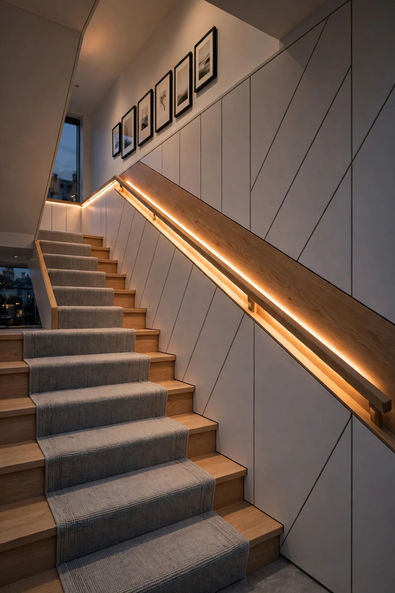 Recessed LED strip inside a stairwell modern panel run