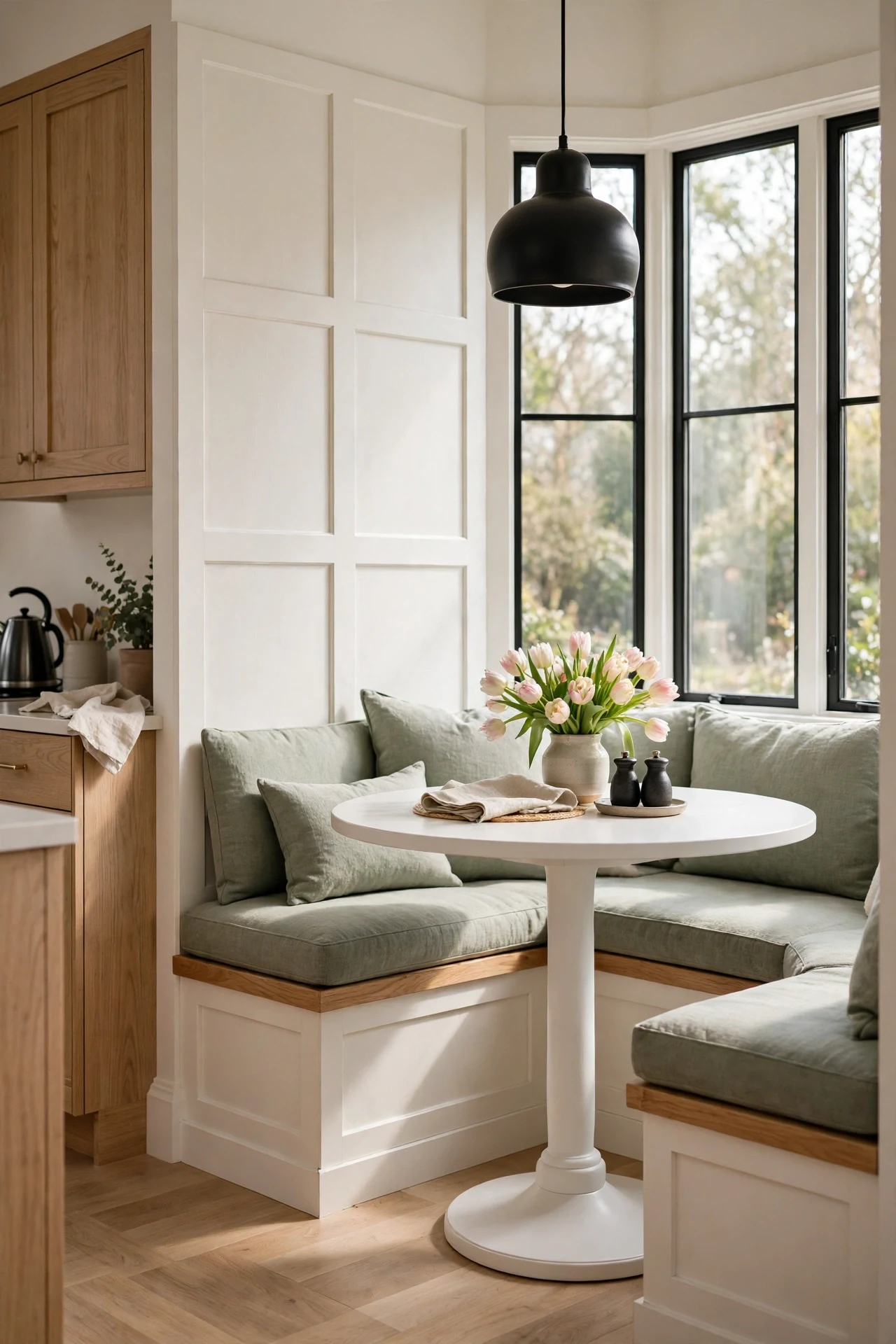 Banquette seating built into kitchen modern wainscoting