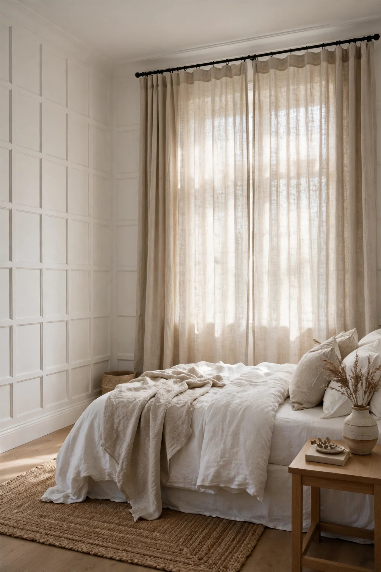 Textured linen curtains softening modern panel lines in a bedroom