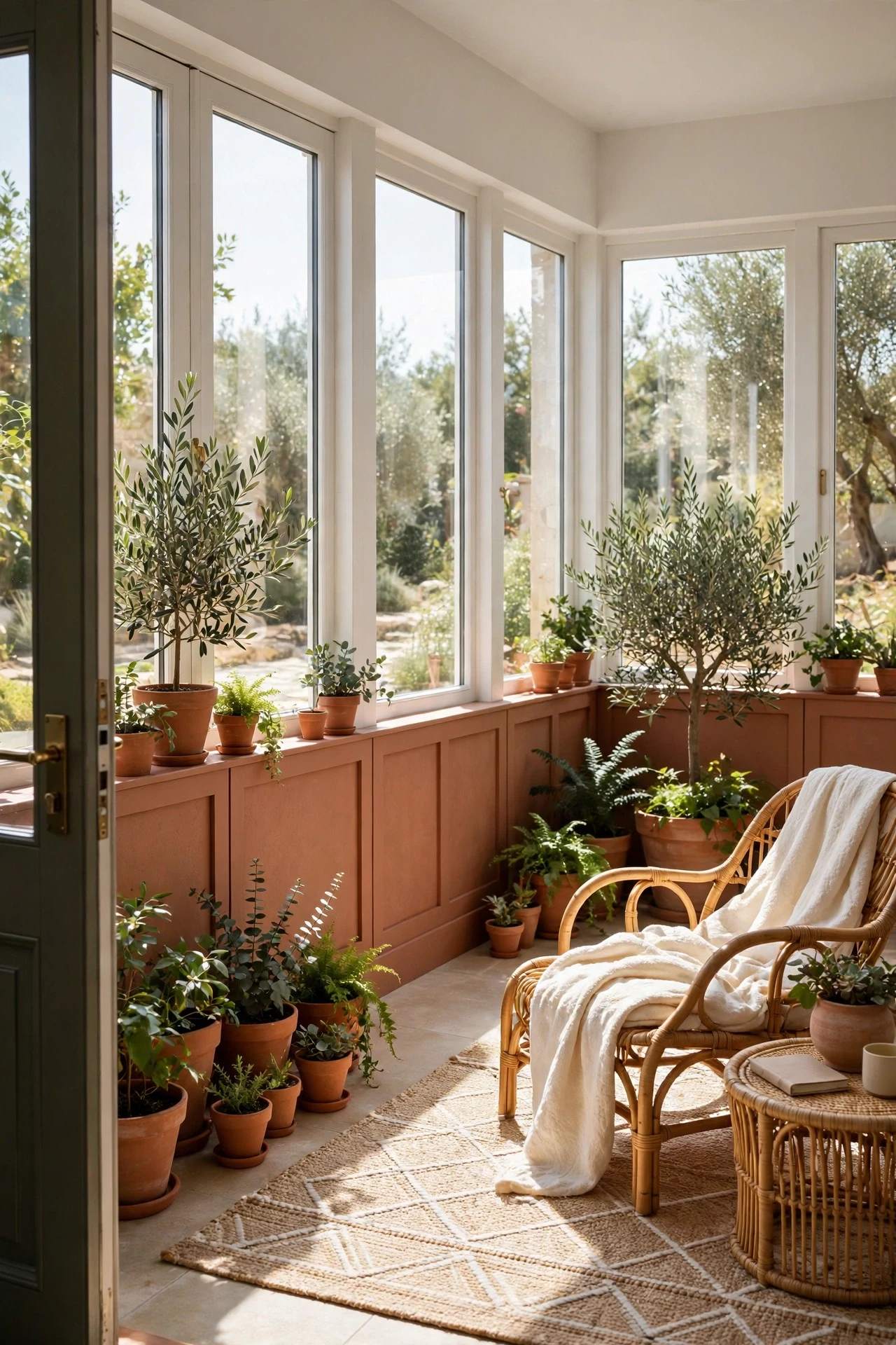 Terracotta-toned modern wainscoting in a plant-filled sunroom