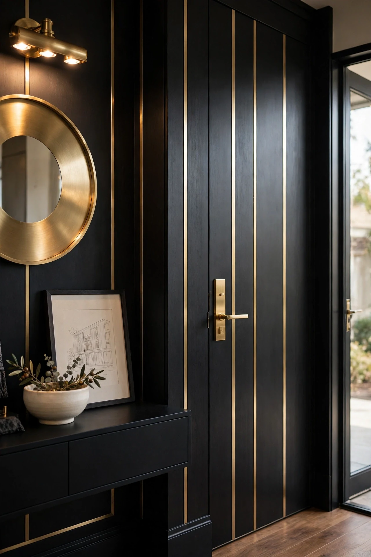 Brushed brass inlay strips in dark modern wainscoting panels