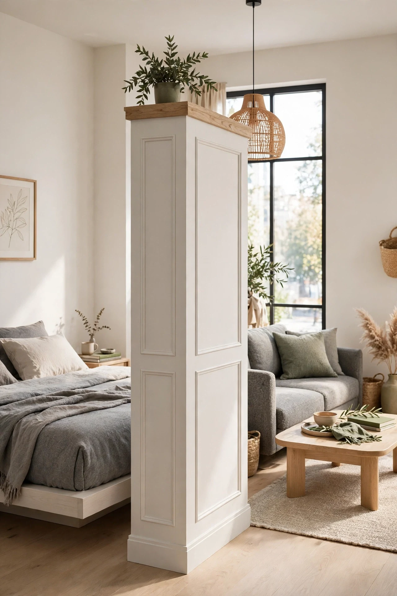 Panelled room divider with modern wainscoting in a studio apartment