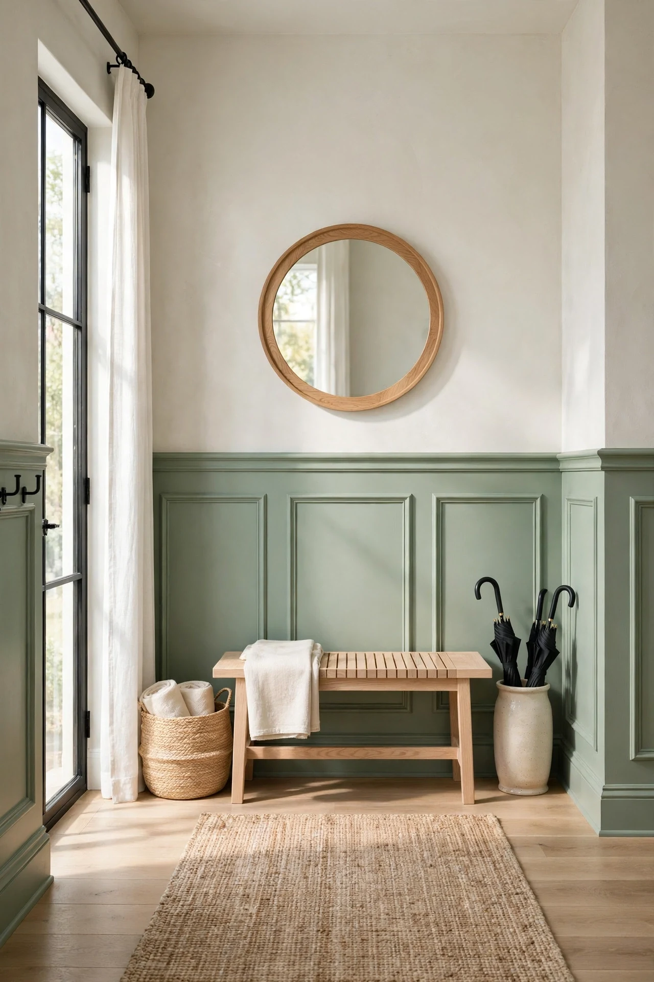 Sage-green picture frame wainscoting in a bright entryway with a white oak bench and jute runner