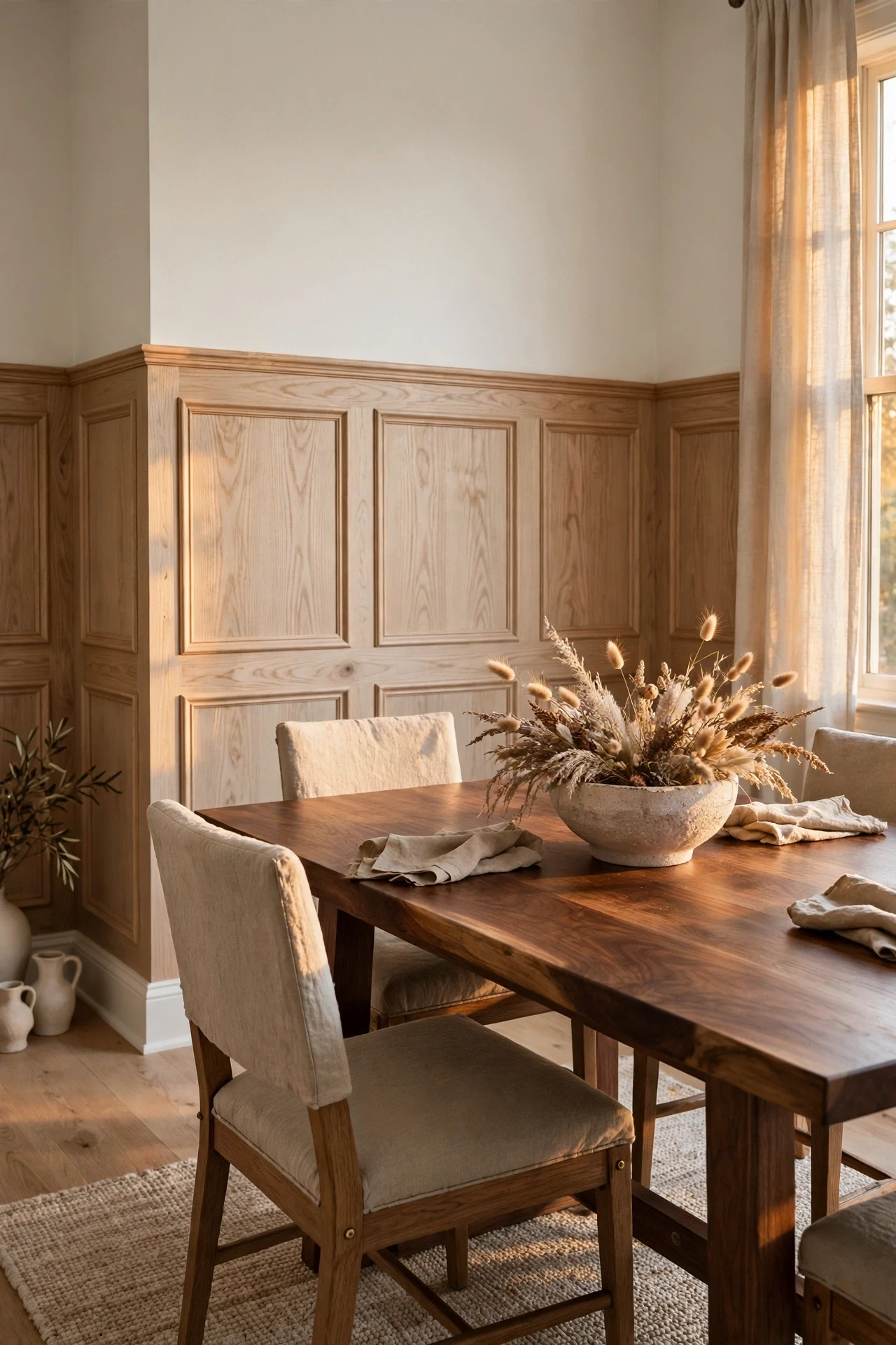 White oak picture frame wainscoting in a dining room with a walnut table and linen chairs