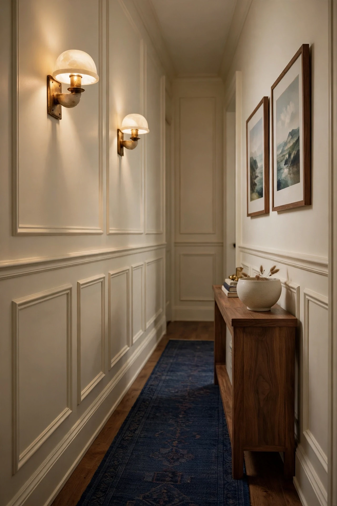 Cream picture frame wainscoting in a hallway lit by brass and alabaster sconces over an indigo runner