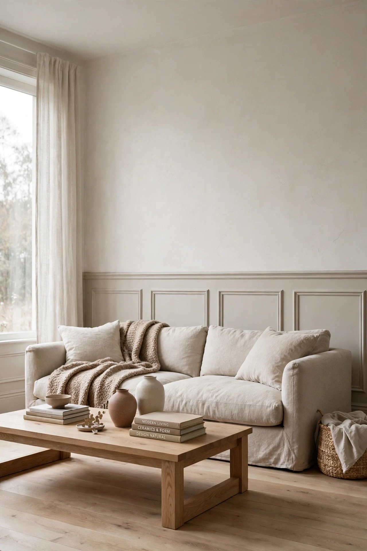 Greige picture frame wainscoting behind a low linen sofa with an oak coffee table