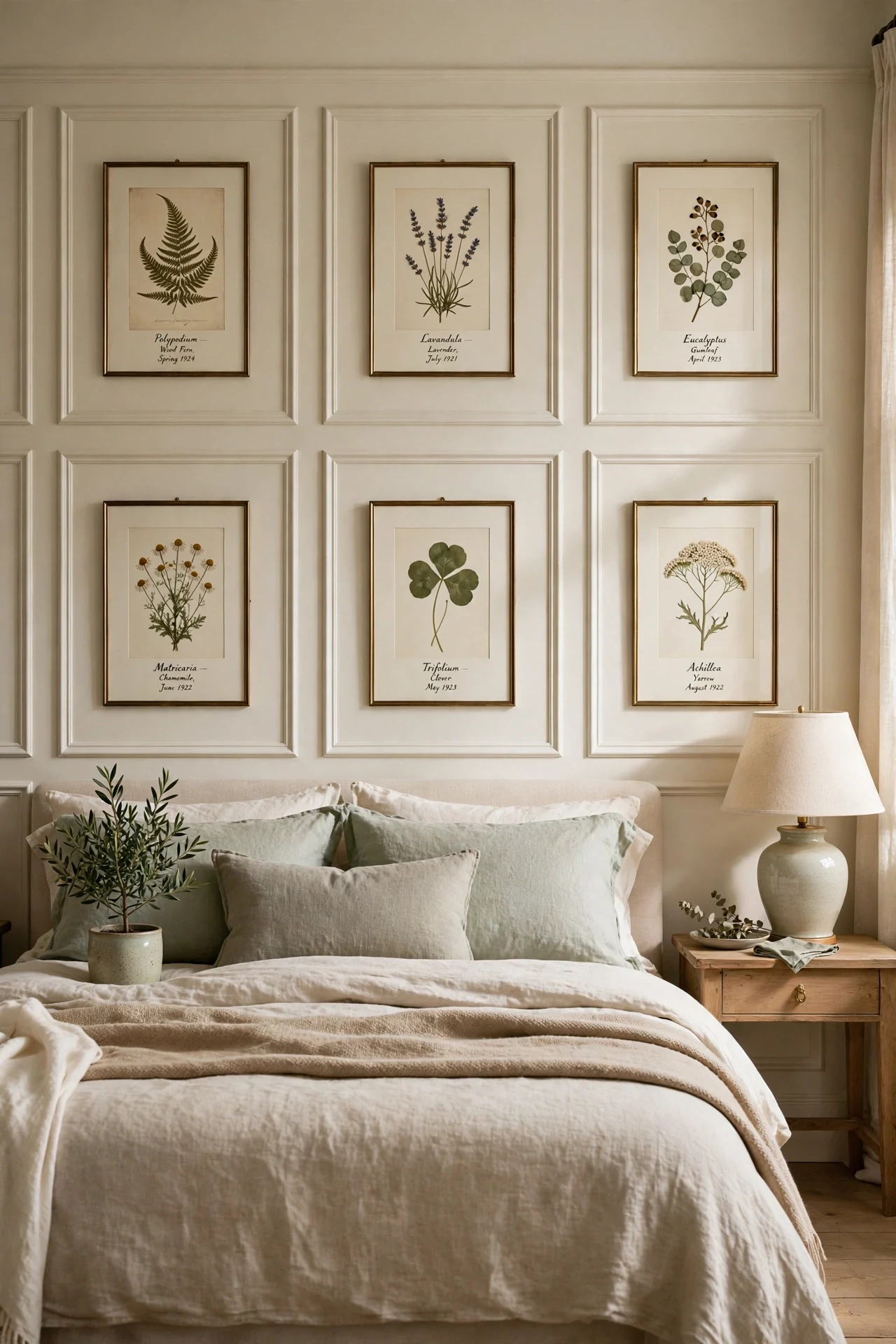 Cream picture frame wainscoting in a bedroom with botanical prints centered inside each panel