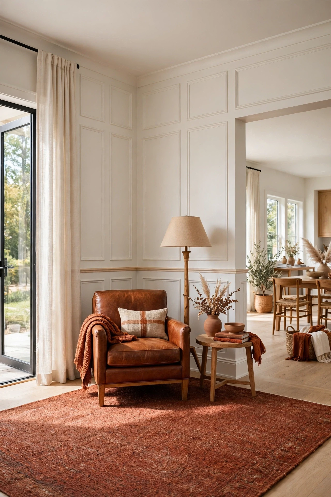 Warm white picture frame wainscoting zoning an open-plan living area with a rust rug and leather chair