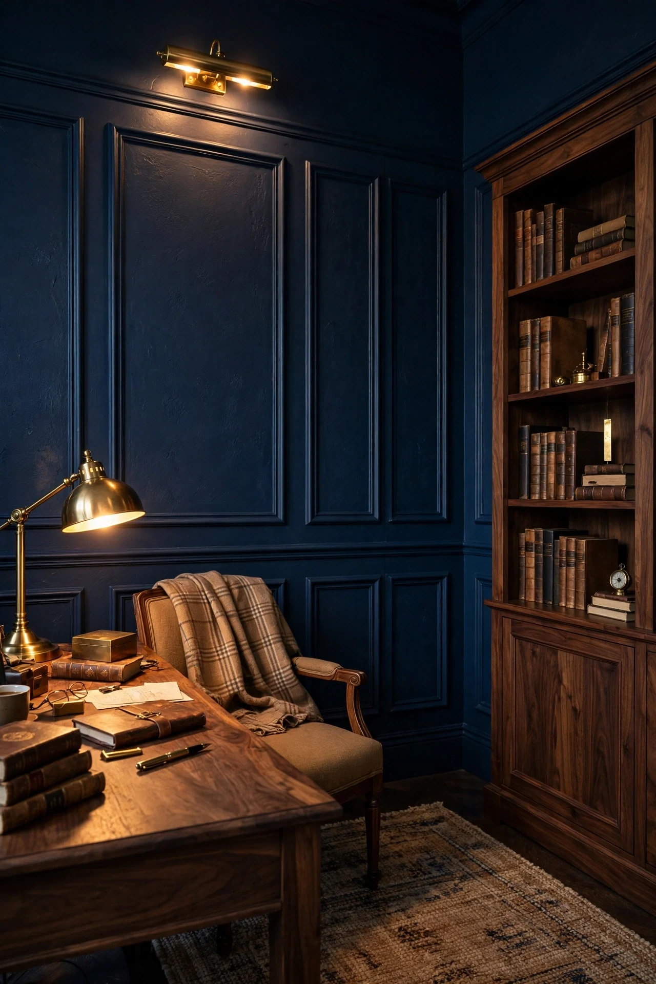 Navy color-drenched picture frame wainscoting in a study with a walnut desk and brass lamp