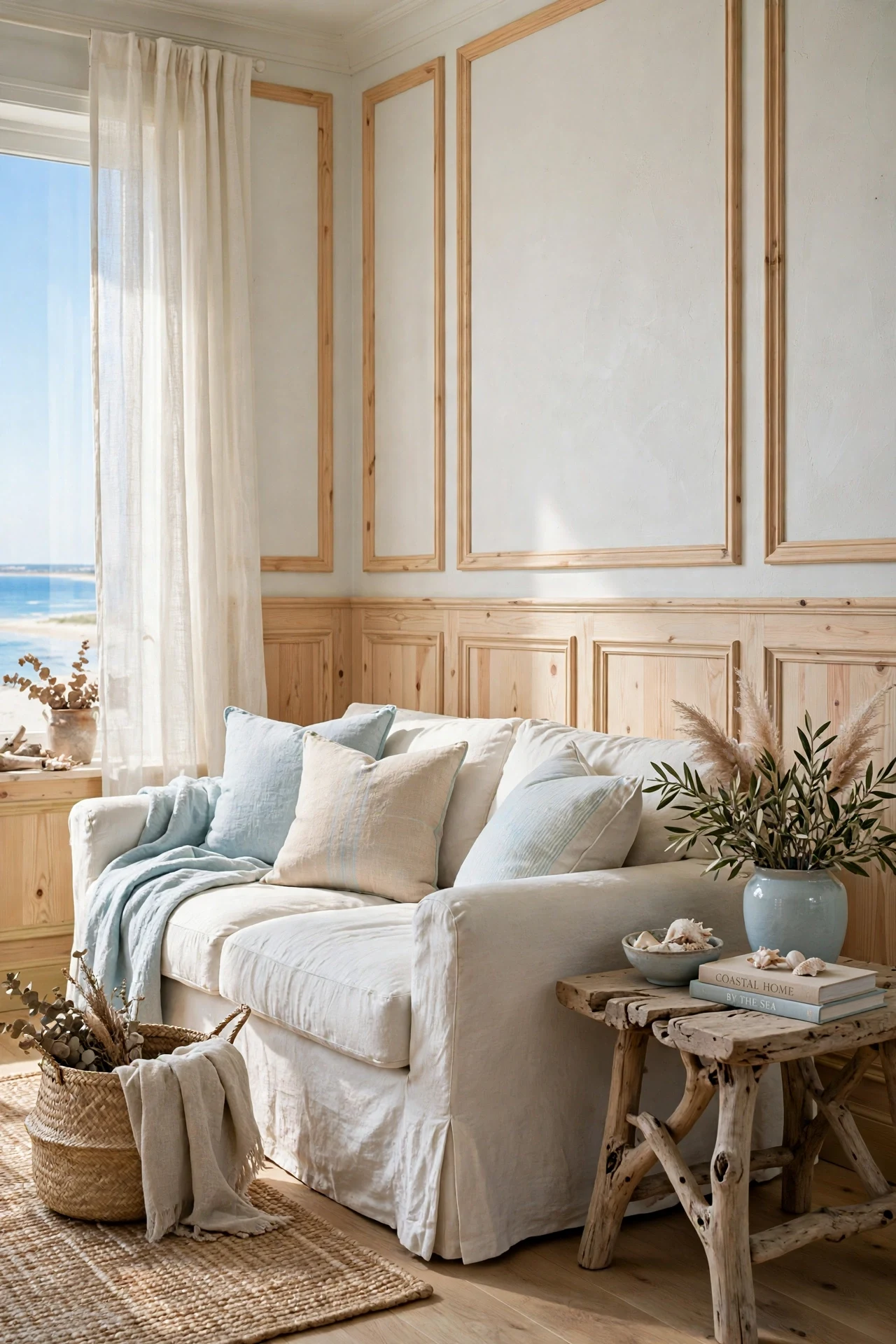 Limewashed pine picture frame wainscoting in a coastal living room with a slipcovered linen sofa