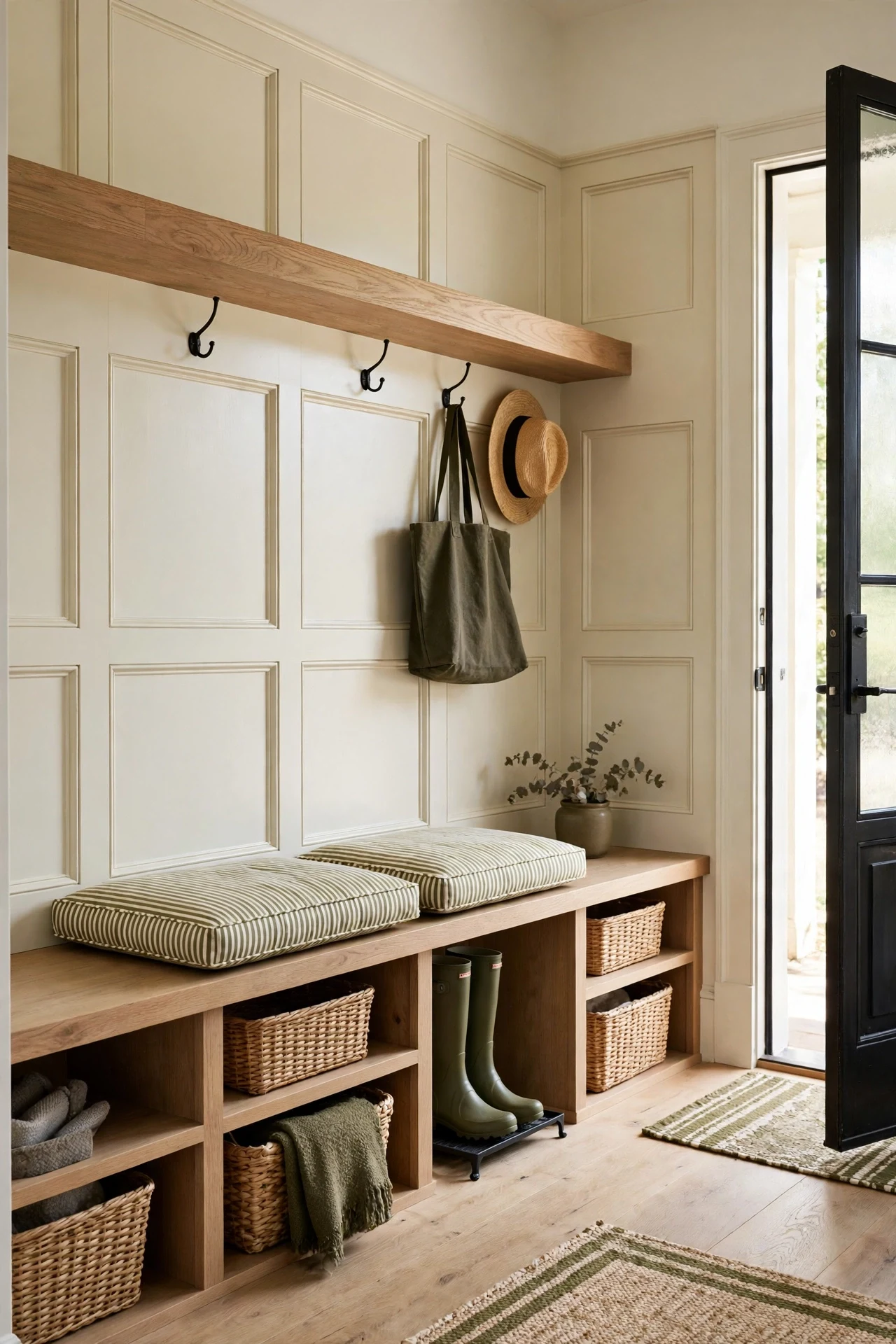 Picture frame wainscoting behind a built-in oak bench in a mudroom with cubbies and iron hooks