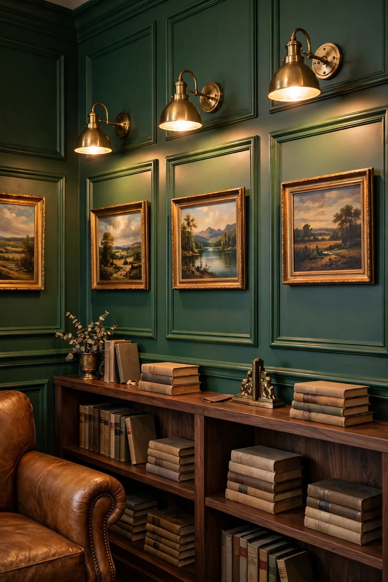 Deep green picture frame wainscoting in a library corner with brass picture lights and walnut shelves