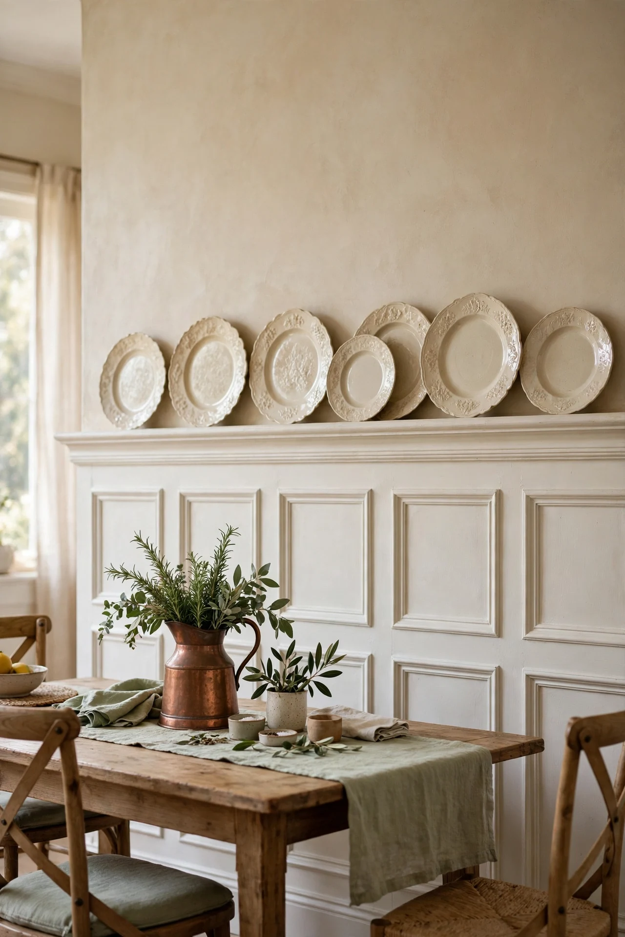 White picture frame wainscoting wall in a kitchen with ironstone plates on a rail above