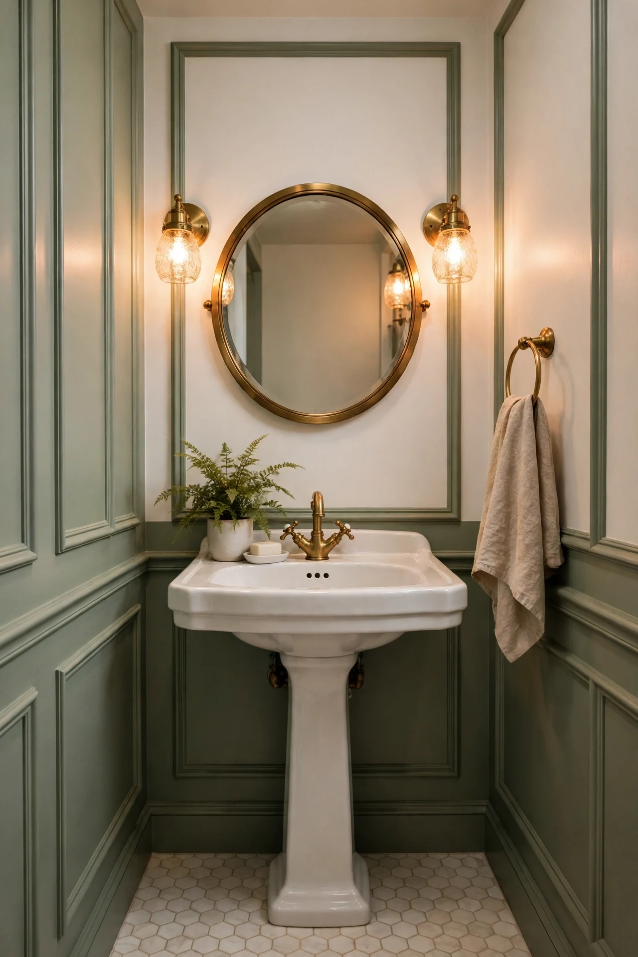 Tall sage picture frame wainscoting in a tiny powder room with a pedestal sink and brass mirror