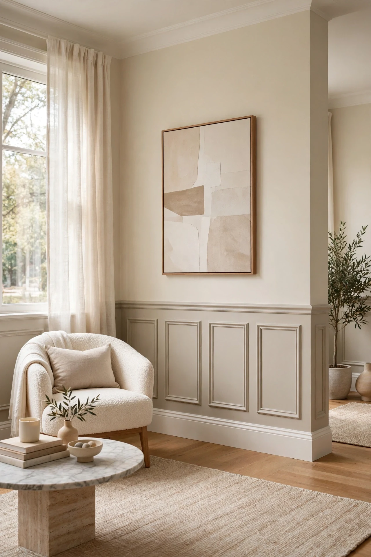 Two-tone cream and greige picture frame wainscoting in a living room with a boucle chair