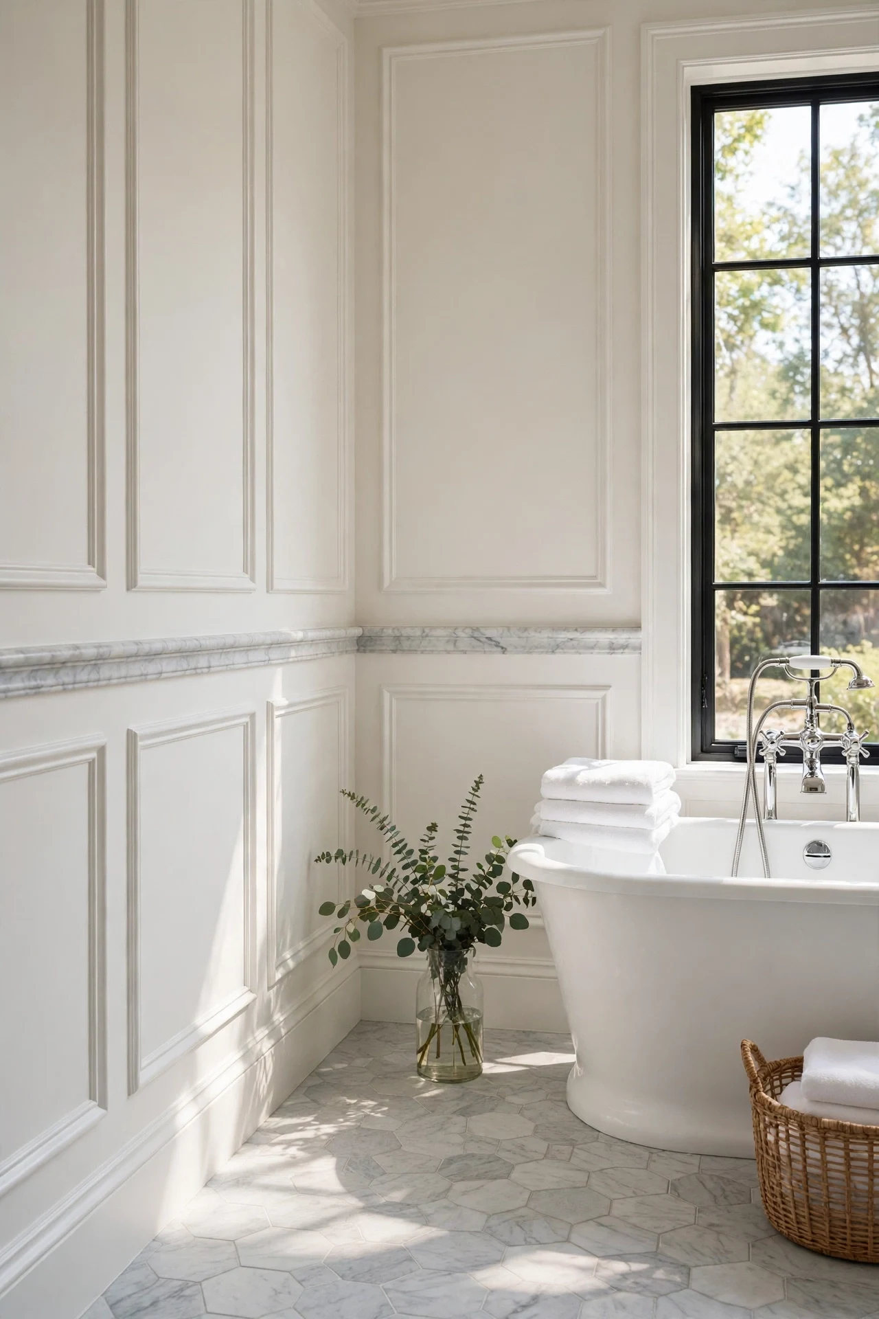 White picture frame wainscoting with a honed marble chair rail in a bathroom beside a soaking tub