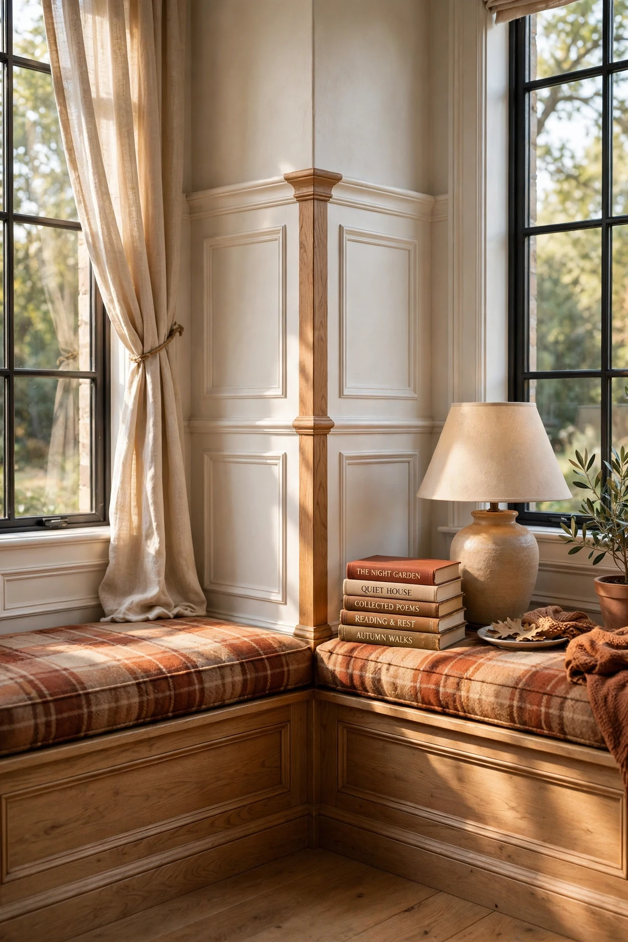 Picture frame wainscoting wrapping a corner reading nook with a window seat and plaid cushion