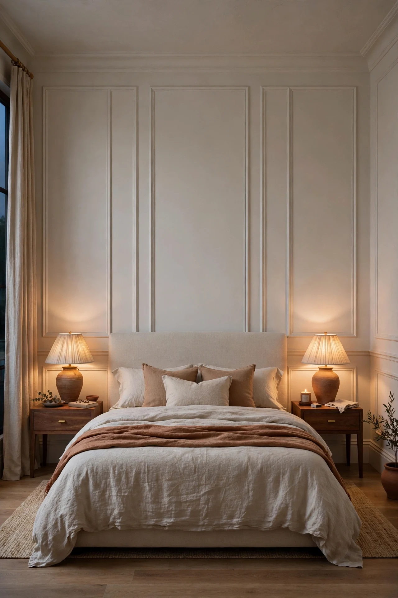 Full-height picture frame wainscoting behind a bed with linen bedding and walnut nightstands