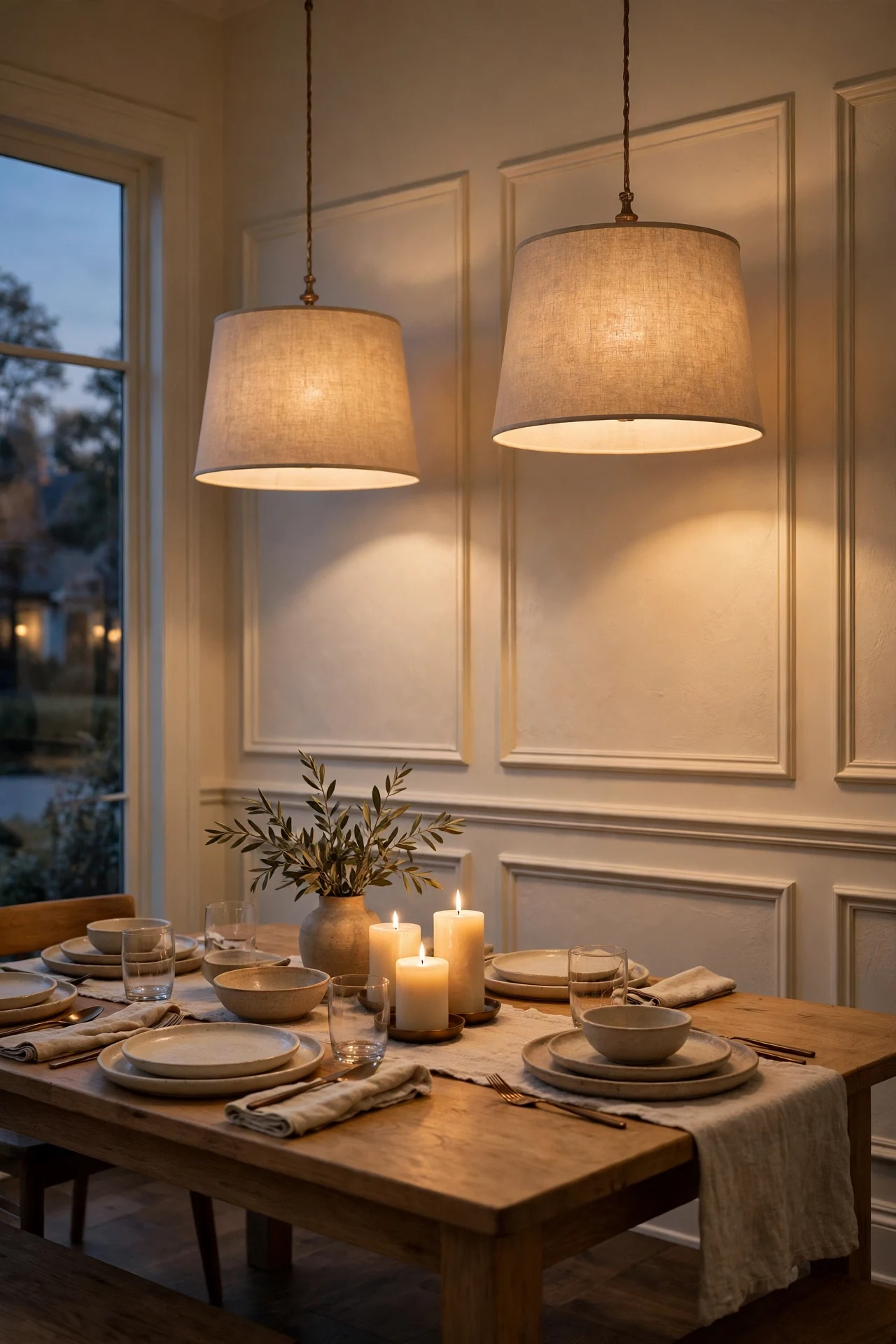 Cream picture frame wainscoting in a dining room lit by twin linen pendants over an oak table