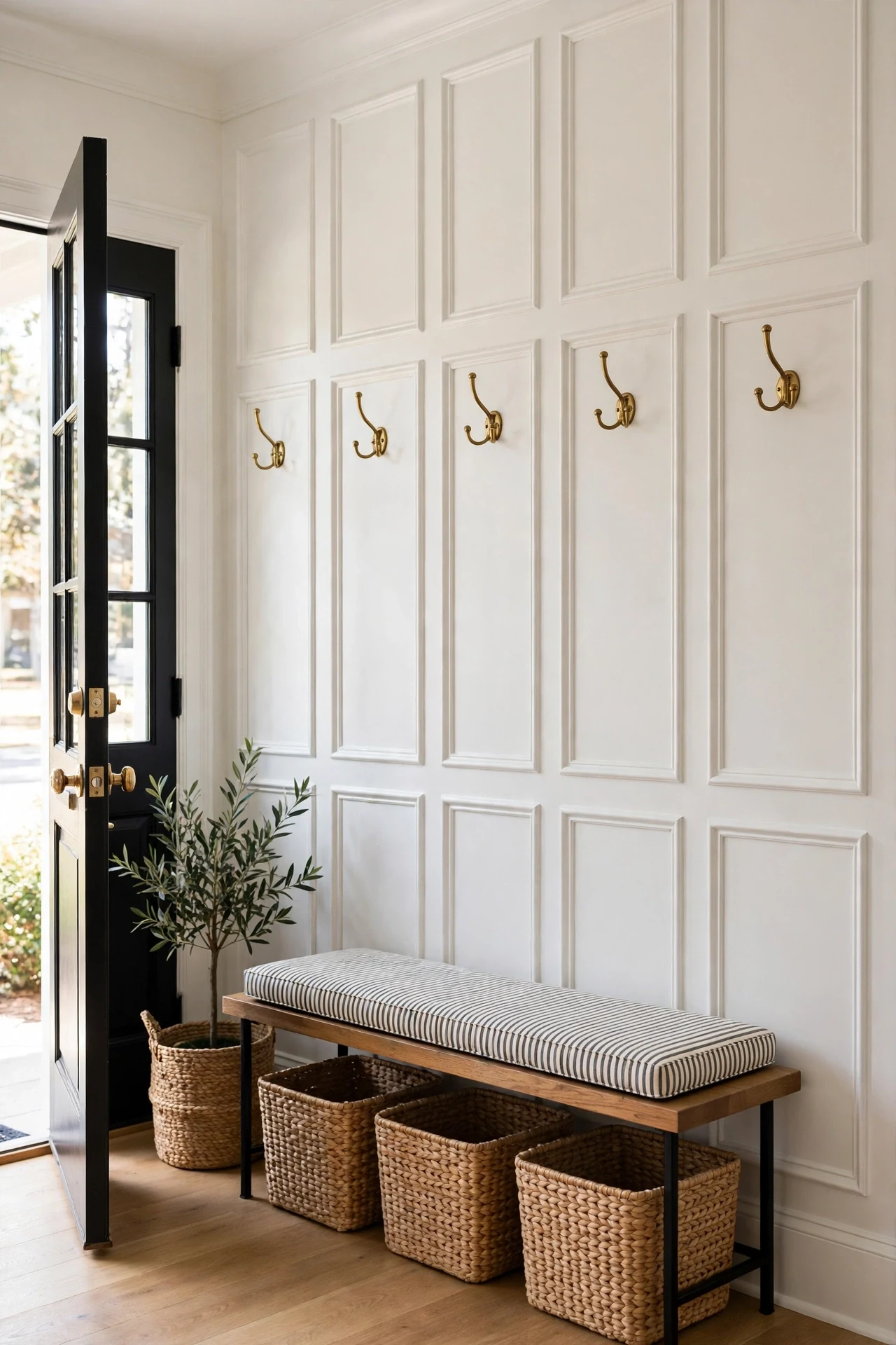 White picture frame wainscoting in an entryway with brass hooks and woven baskets between panels