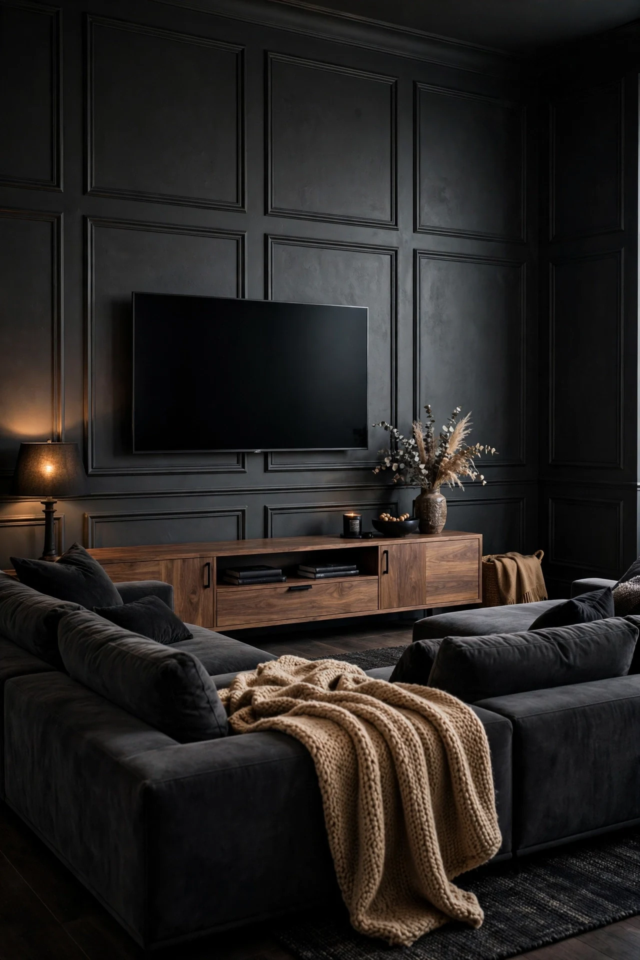 Charcoal picture frame wainscoting in a media room with a deep sectional and walnut console
