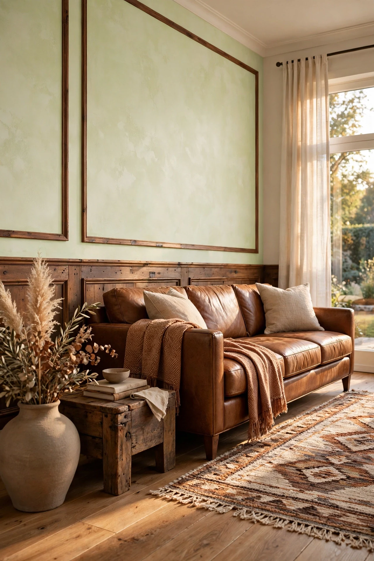 Reclaimed walnut picture frame wainscoting in a living room with a leather sofa and wool rug