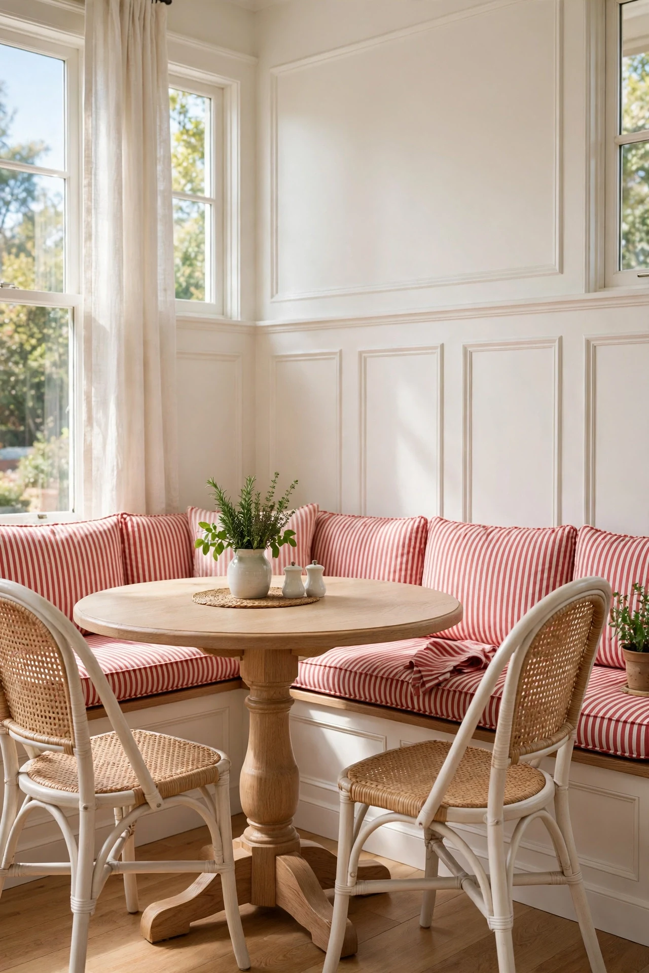 Picture frame wainscoting behind a banquette in a breakfast nook with a round pedestal table