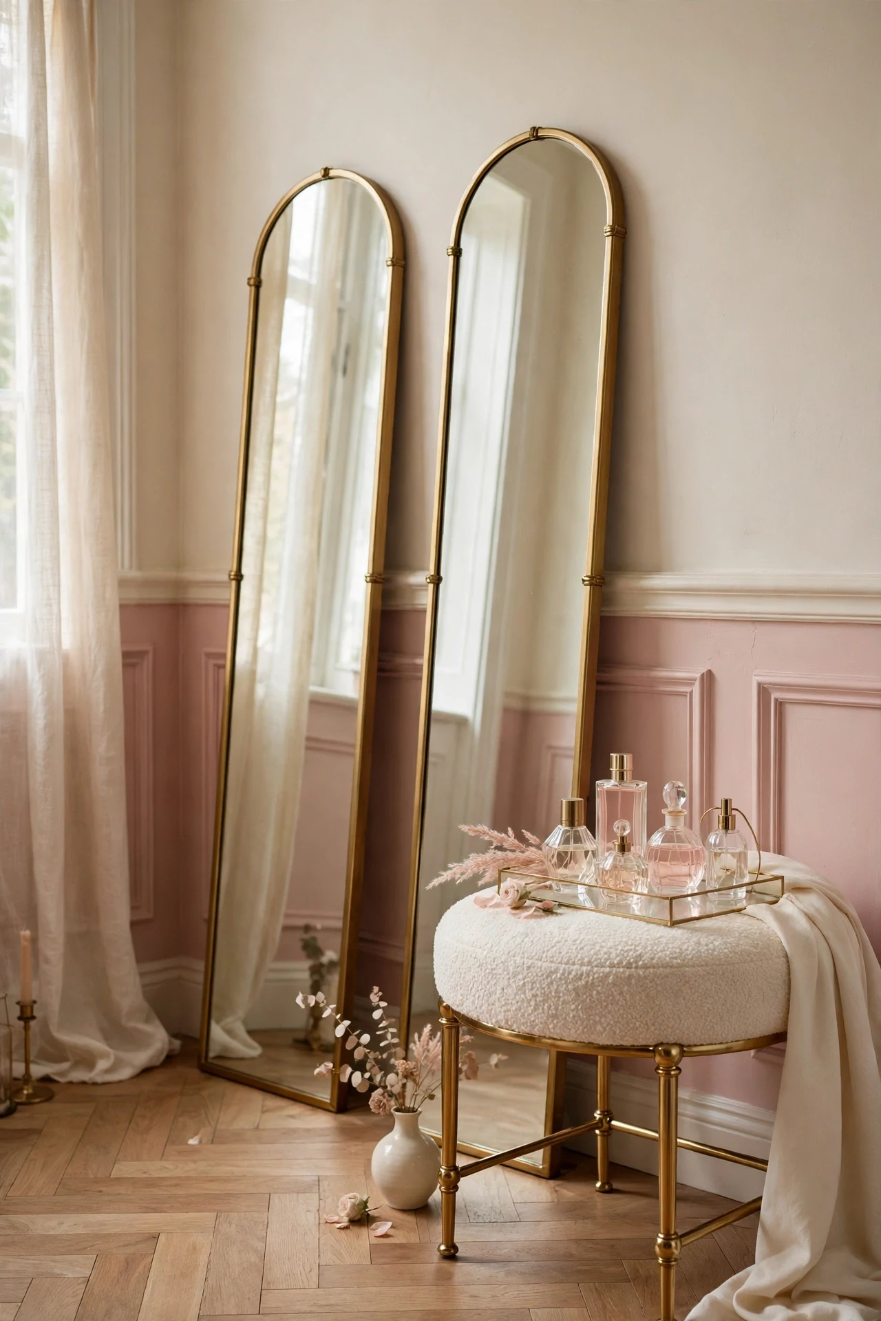 Blush picture frame wainscoting in a dressing area with tall arched mirrors leaning above the rail