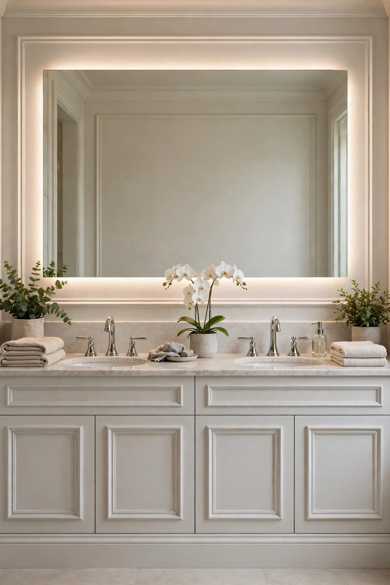 Stone-white picture frame wainscoting in a bathroom below a large backlit mirror over twin sinks
