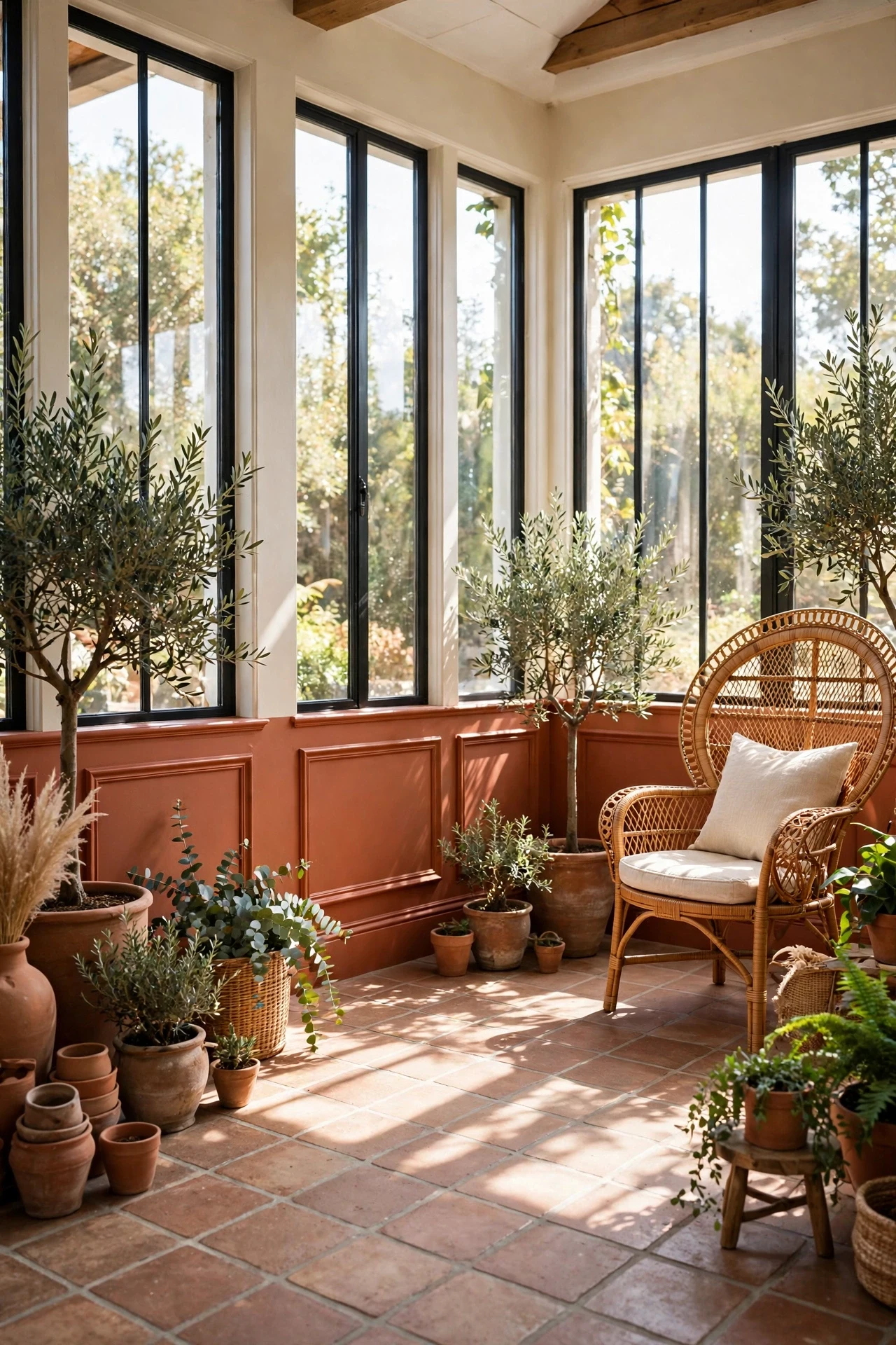 Terracotta picture frame wainscoting in a sunroom with a rattan chair and clay pots of plants