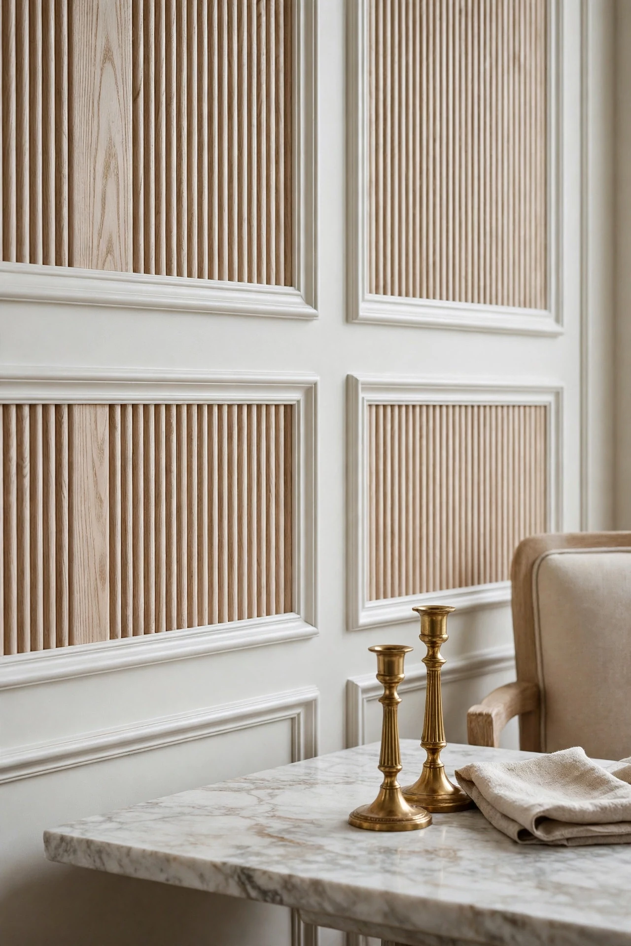 Picture frame wainscoting with fluted wood inserts in a dining room with a marble-top table