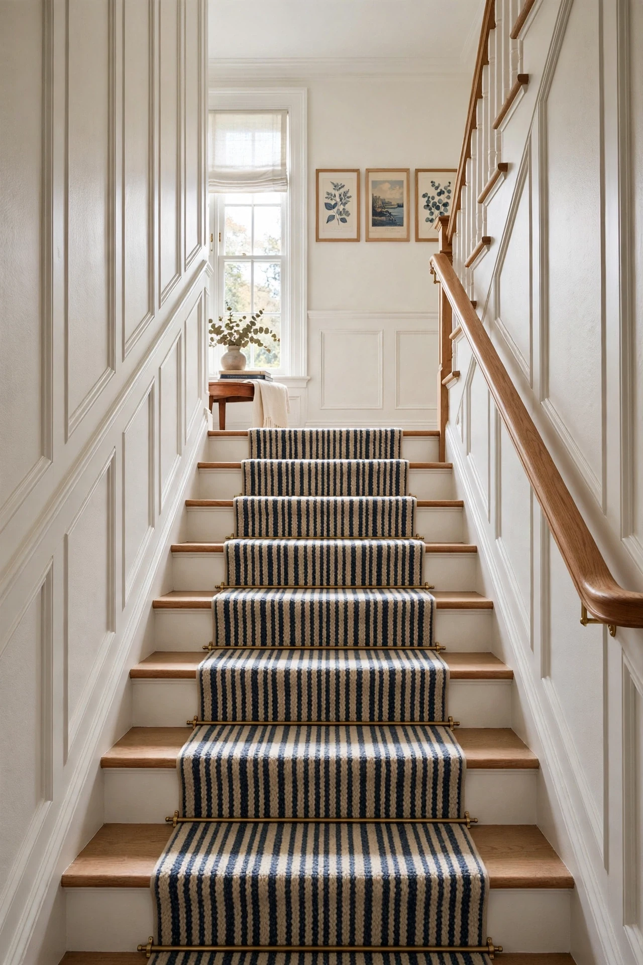 Picture frame wainscoting following the rake of a staircase with an oak handrail and striped runner