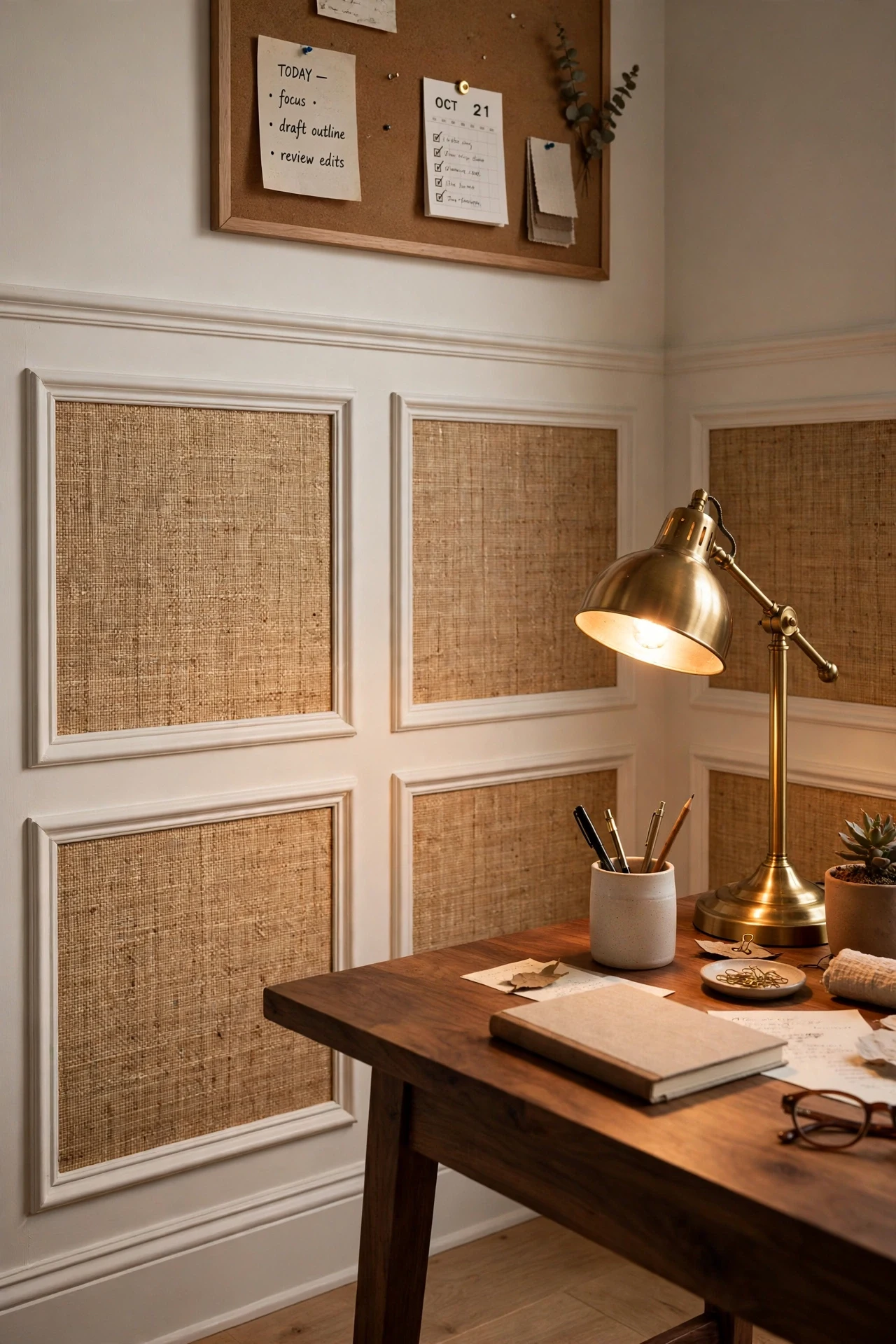 Grasscloth inserts inside picture frame wainscoting in a home office with a walnut desk