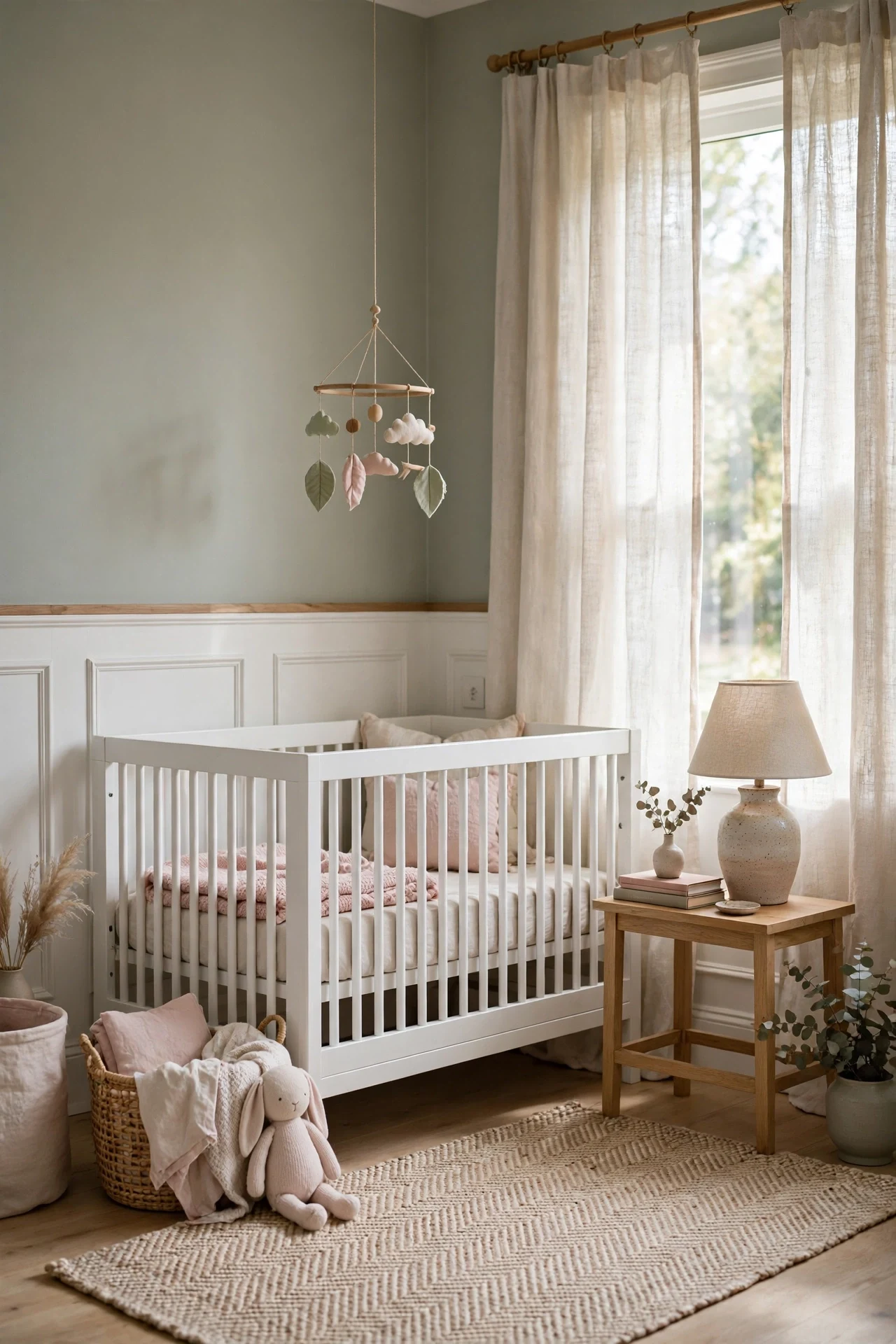 Soft white picture frame wainscoting in a nursery with Belgian linen curtains and a white crib