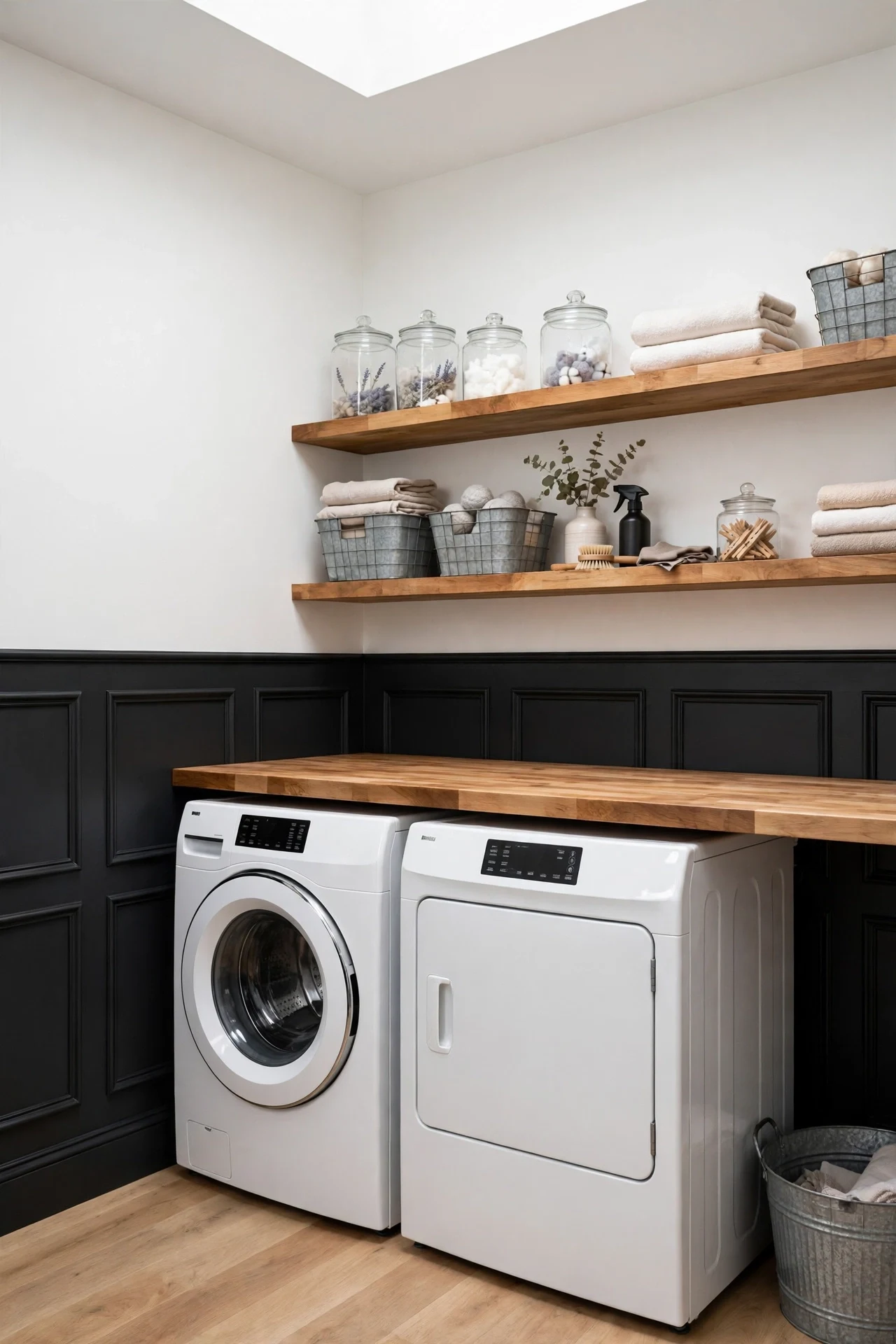 Black picture frame wainscoting in a laundry room with white appliances and a butcher-block counter