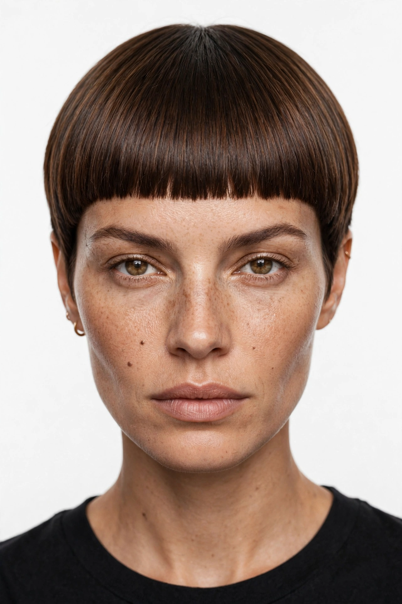 Classic blunt fringe pixie with geometric straight-across fringe at mid-brow