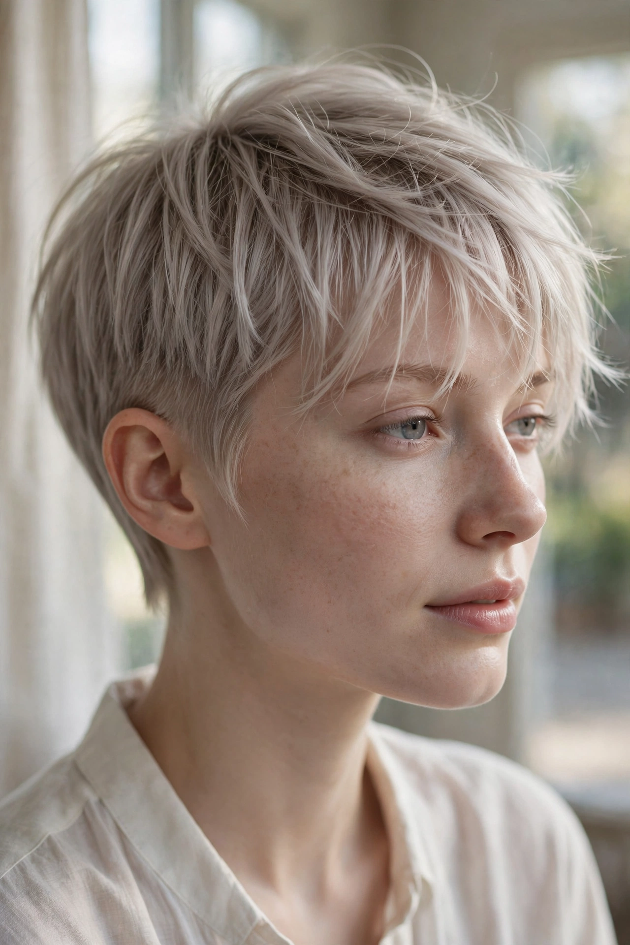 Wispy razor-cut fringe pixie on fine ash blonde hair