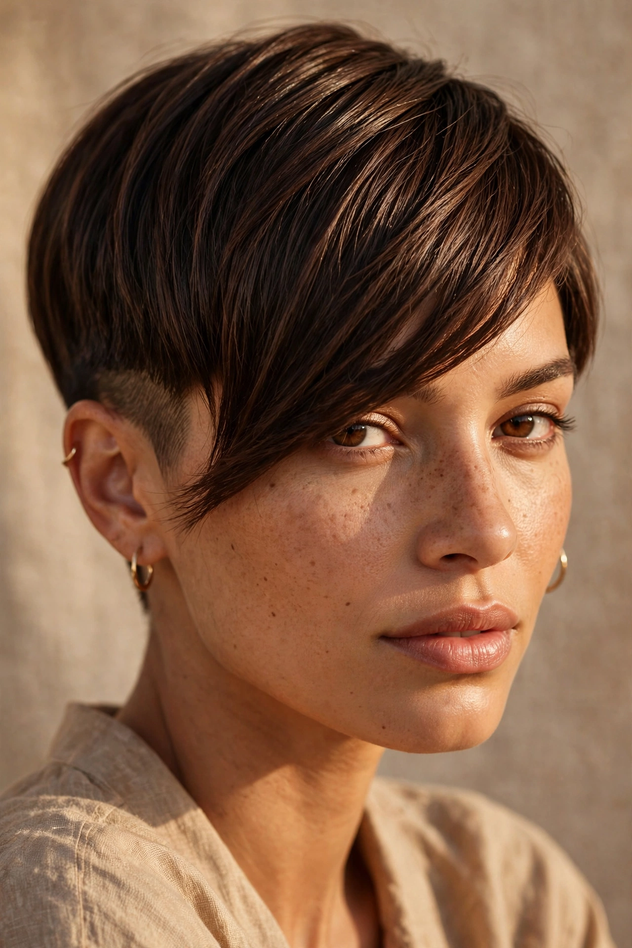 Diagonal side-swept bang pixie on warm dark brown hair