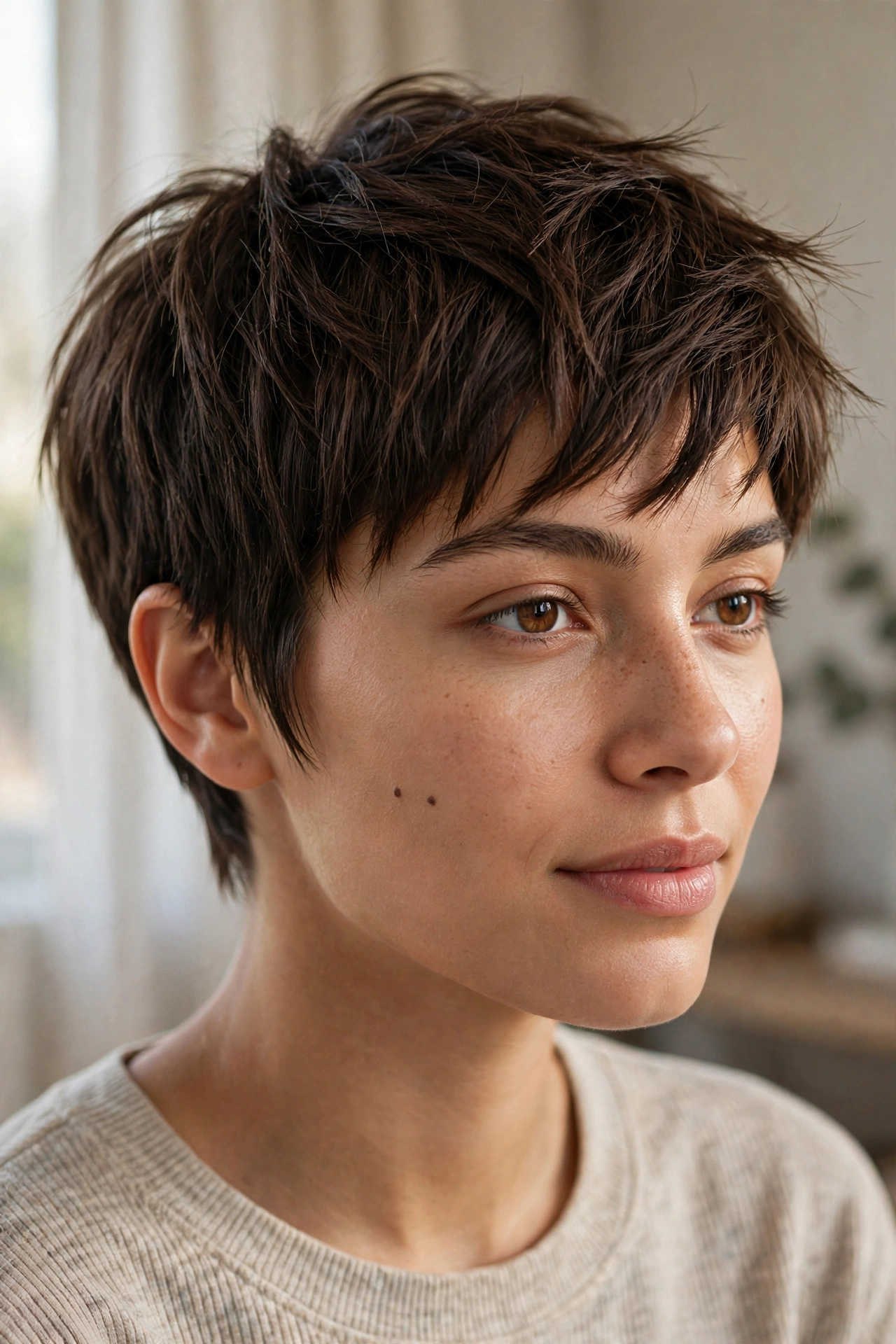 Textured piece-y fringe pixie with separated choppy strands