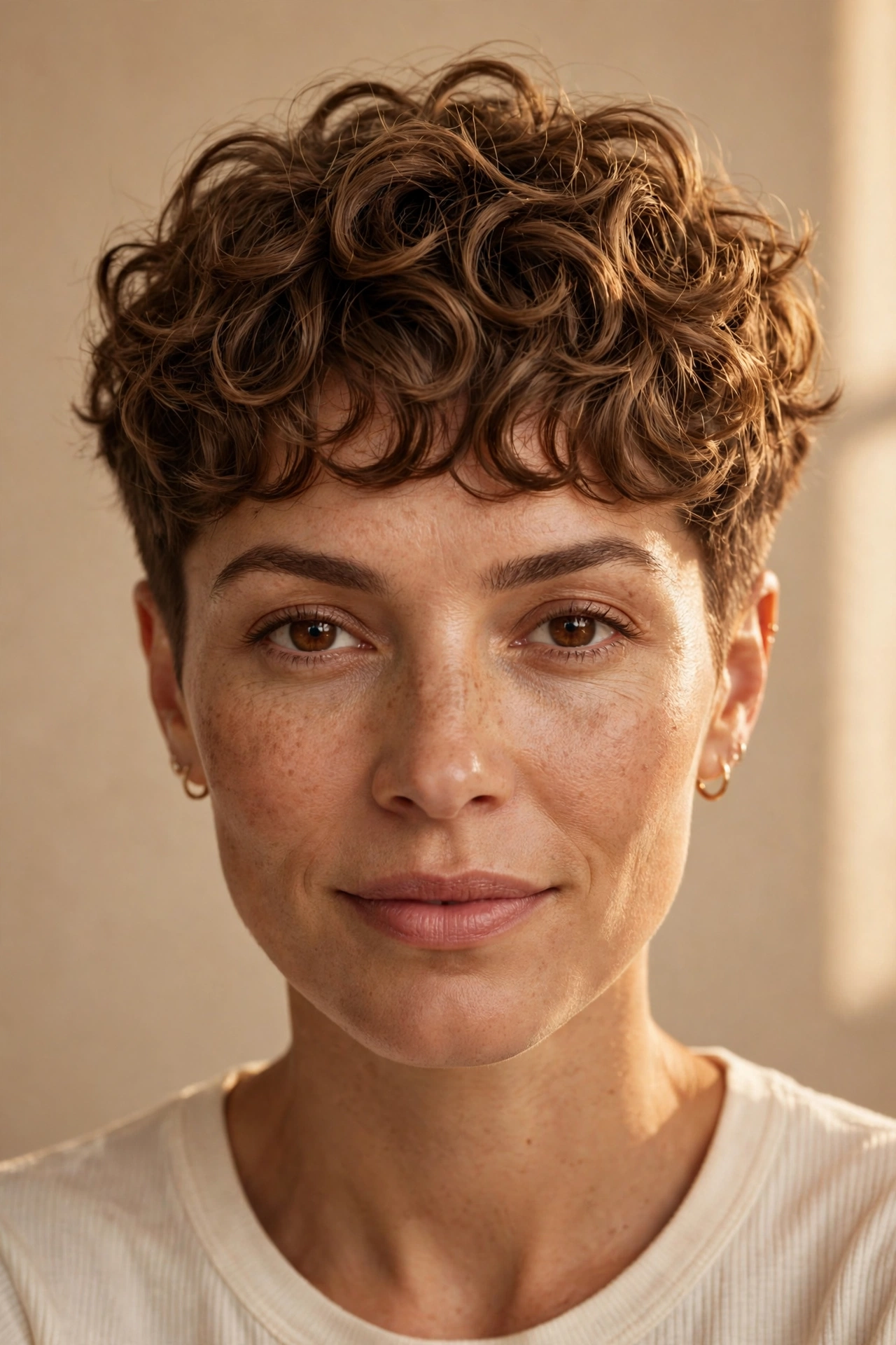 Curly fringe pixie with defined 3A/3B curls across the forehead