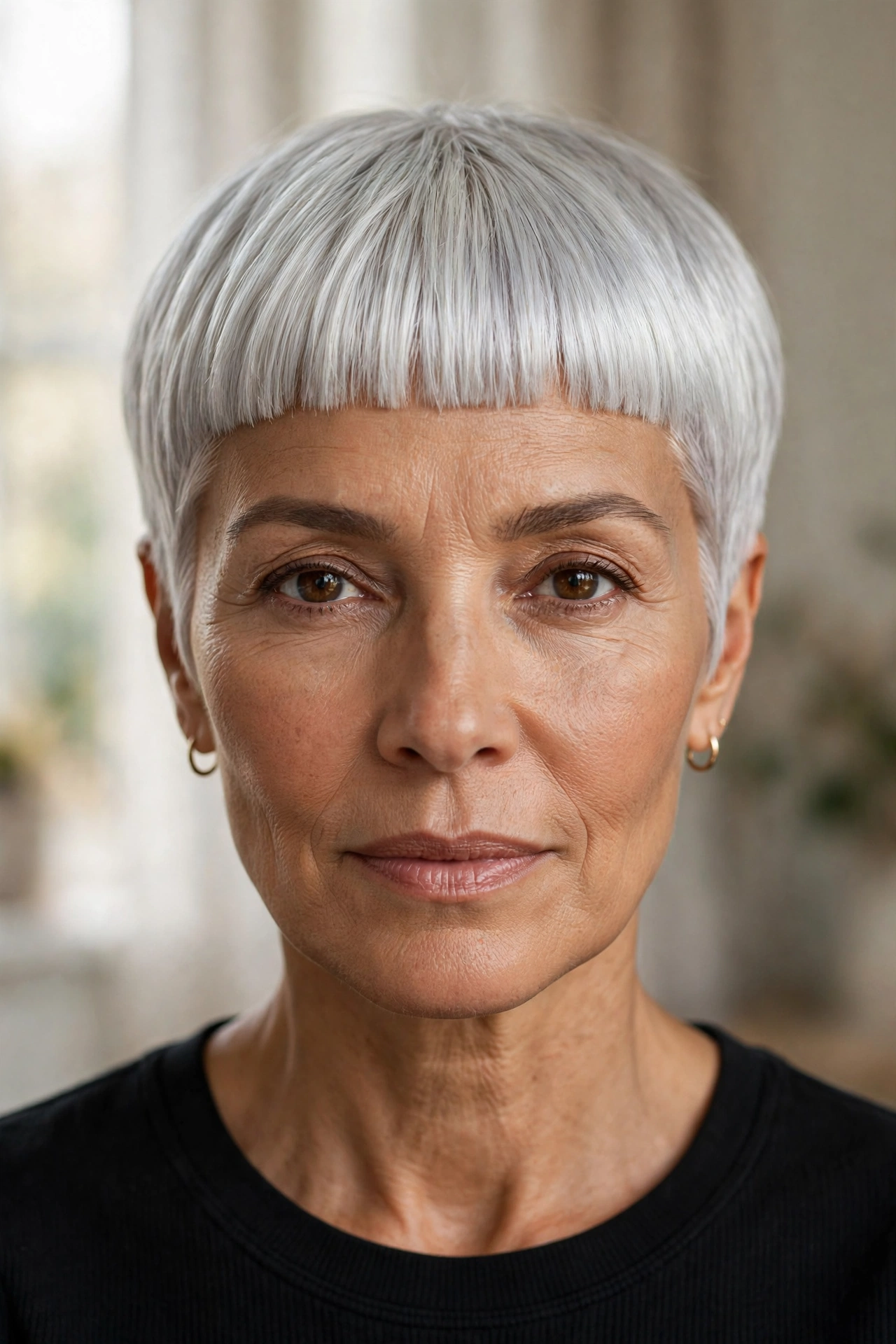 Silver pixie with blunt fringe on silver-white hair