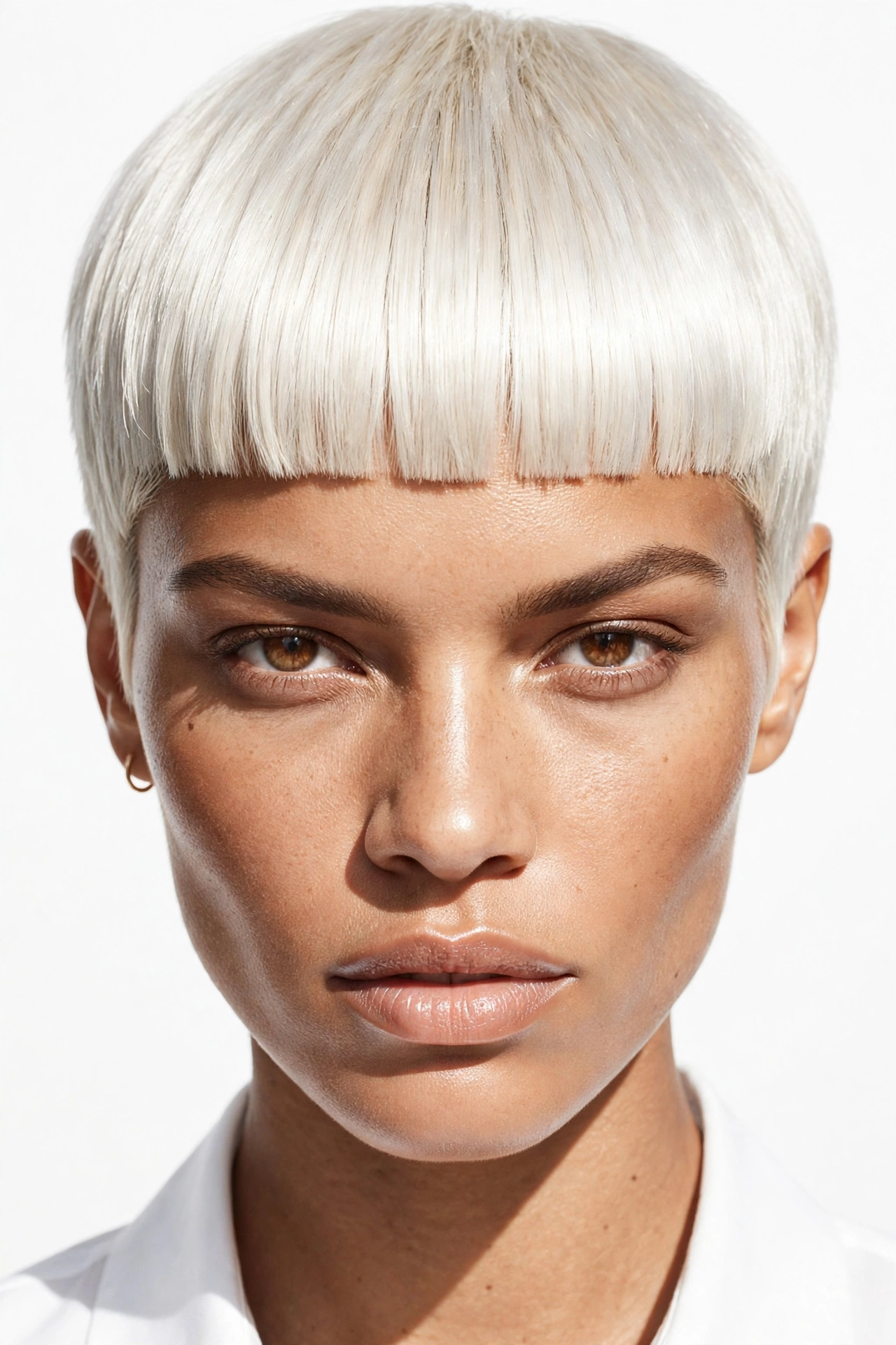 Platinum blonde pixie with bold blunt bang