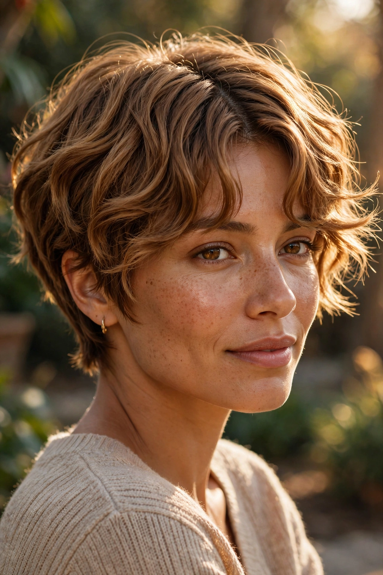 Curtain bangs pixie on wavy honey-brown hair