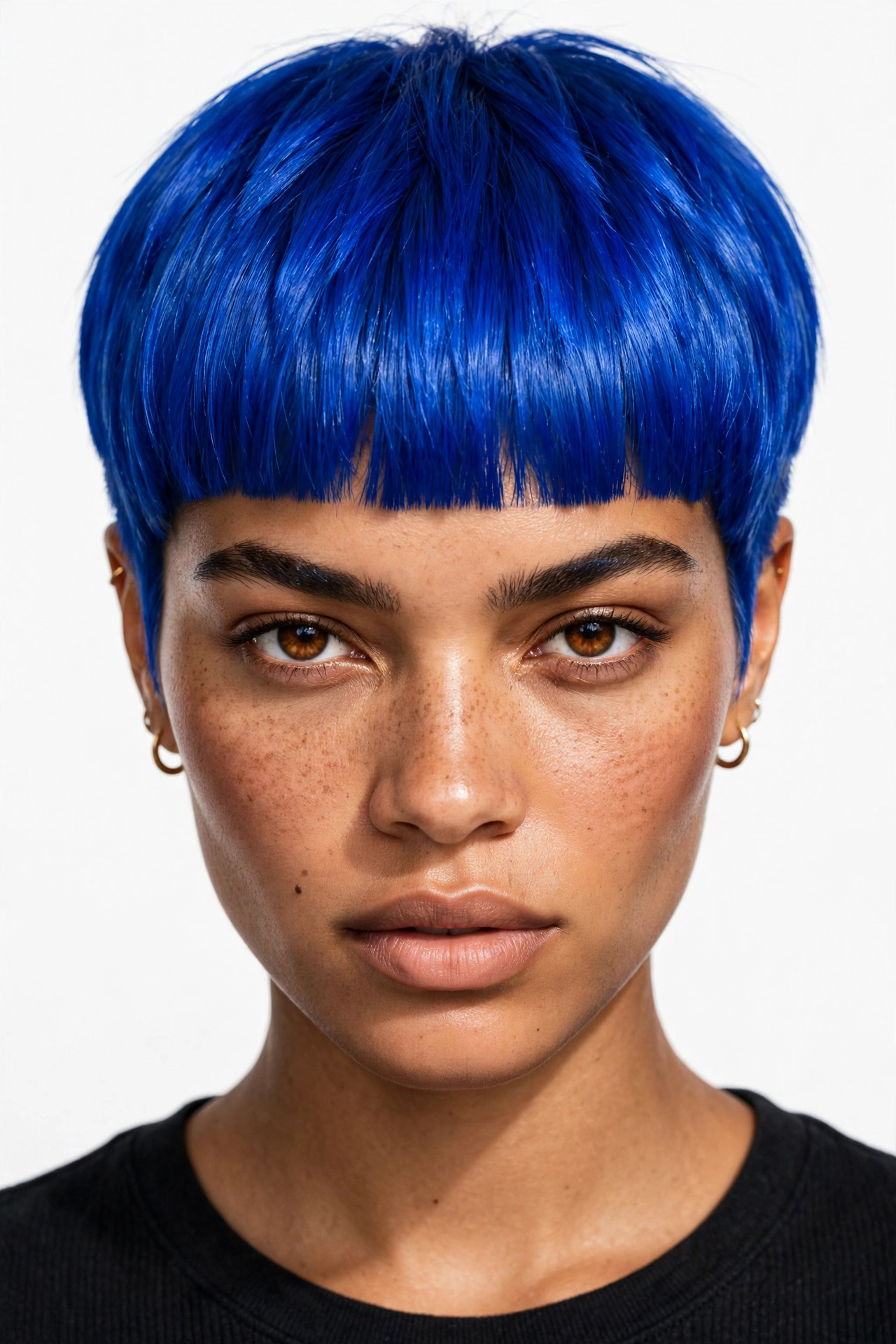 Bold cobalt blue pixie with blunt bang