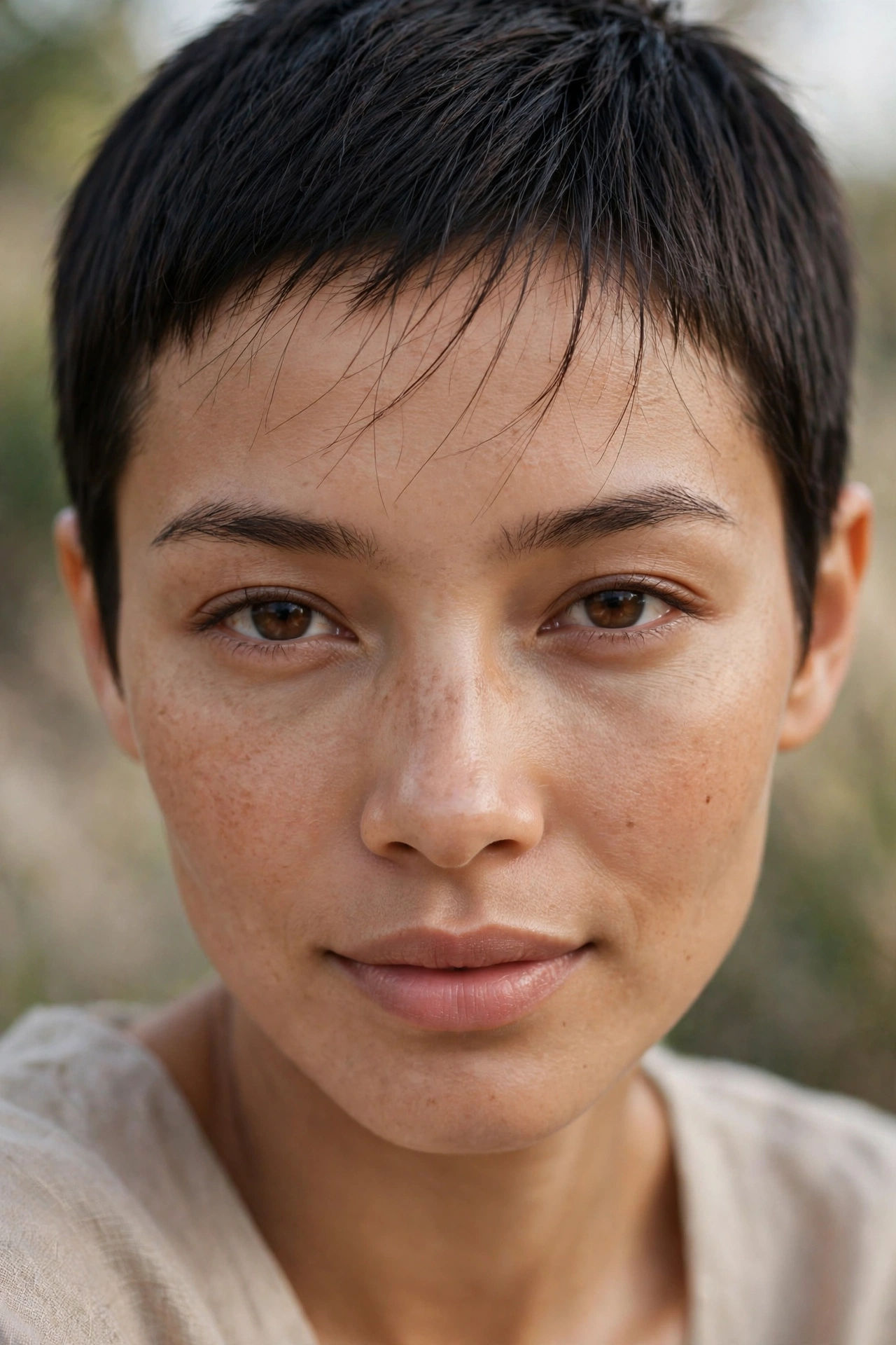 Baby fringe pixie with sparse wispy strands on dark hair