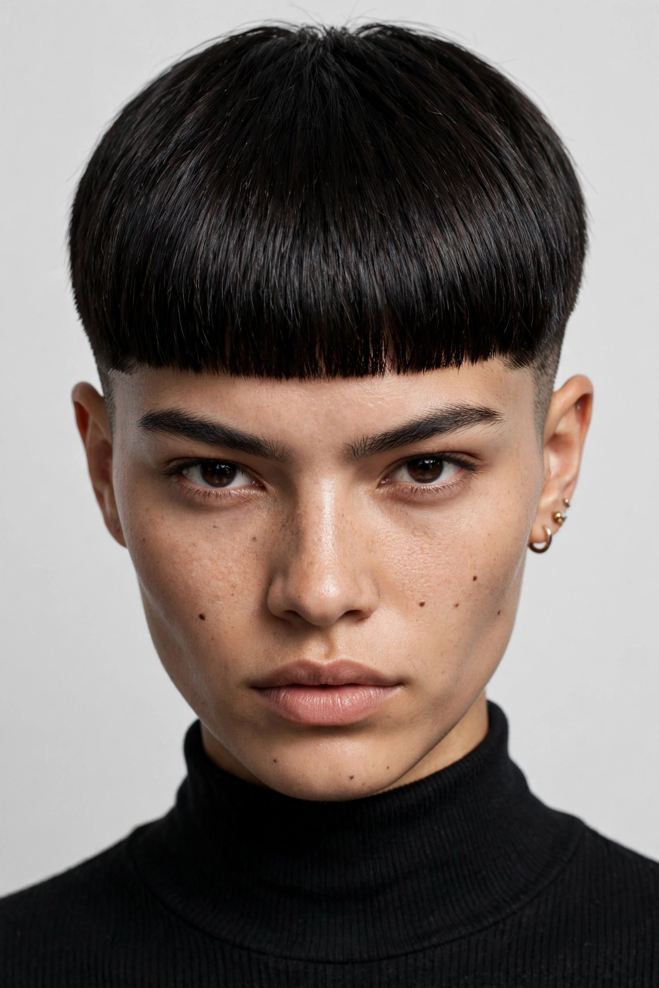 Thick blunt fringe pixie on dense dark hair