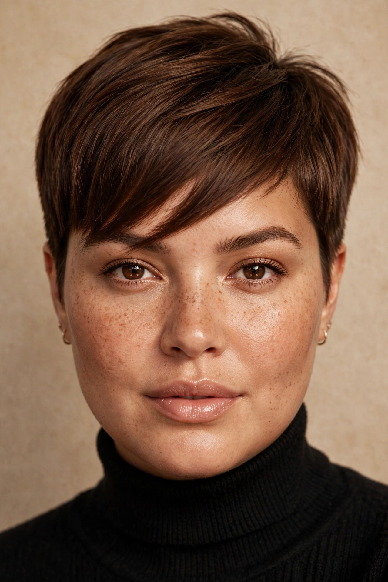 Diagonal fringe pixie for a round face shape with crown height