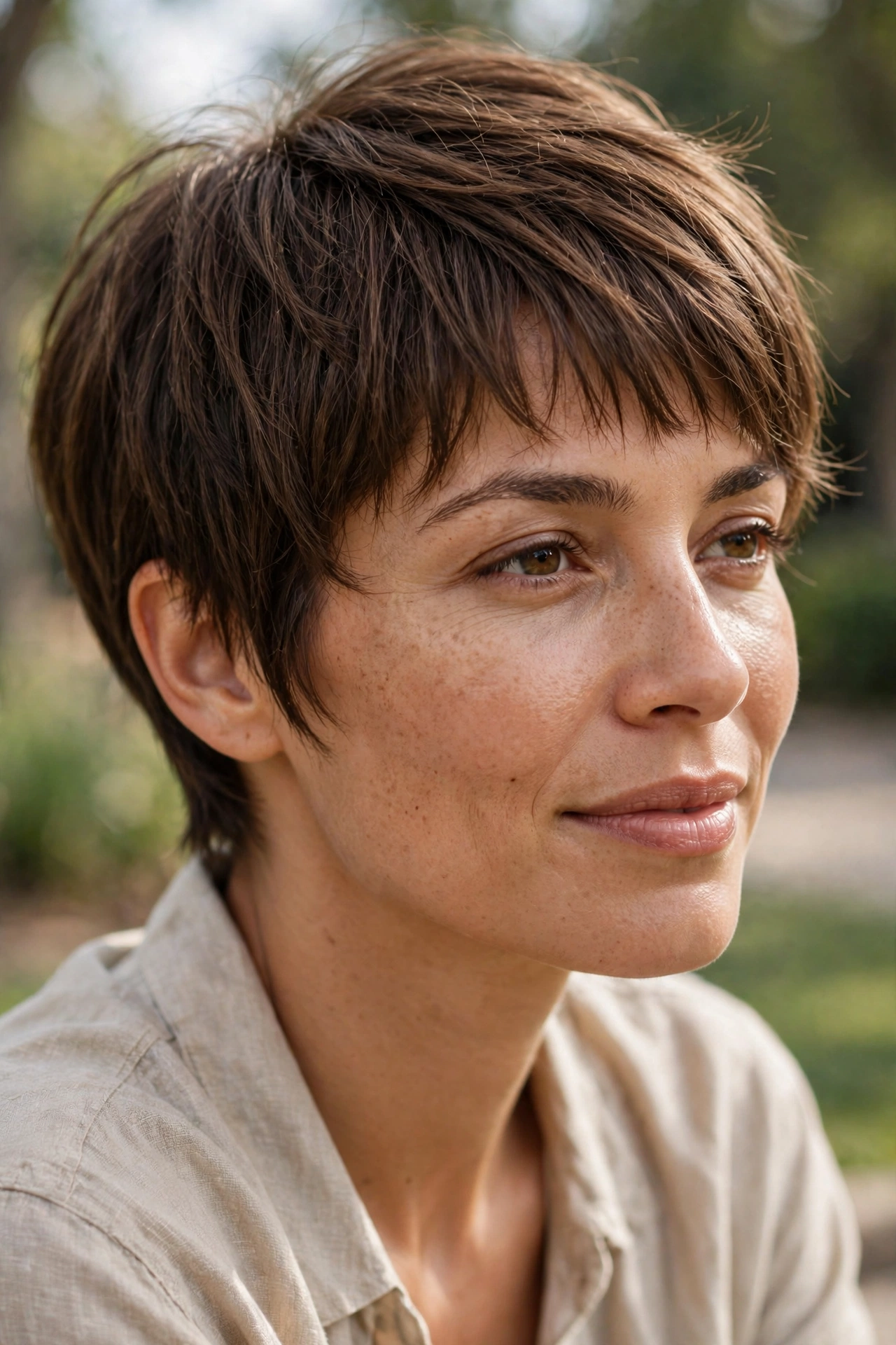 Low-maintenance soft fringe pixie with natural fall