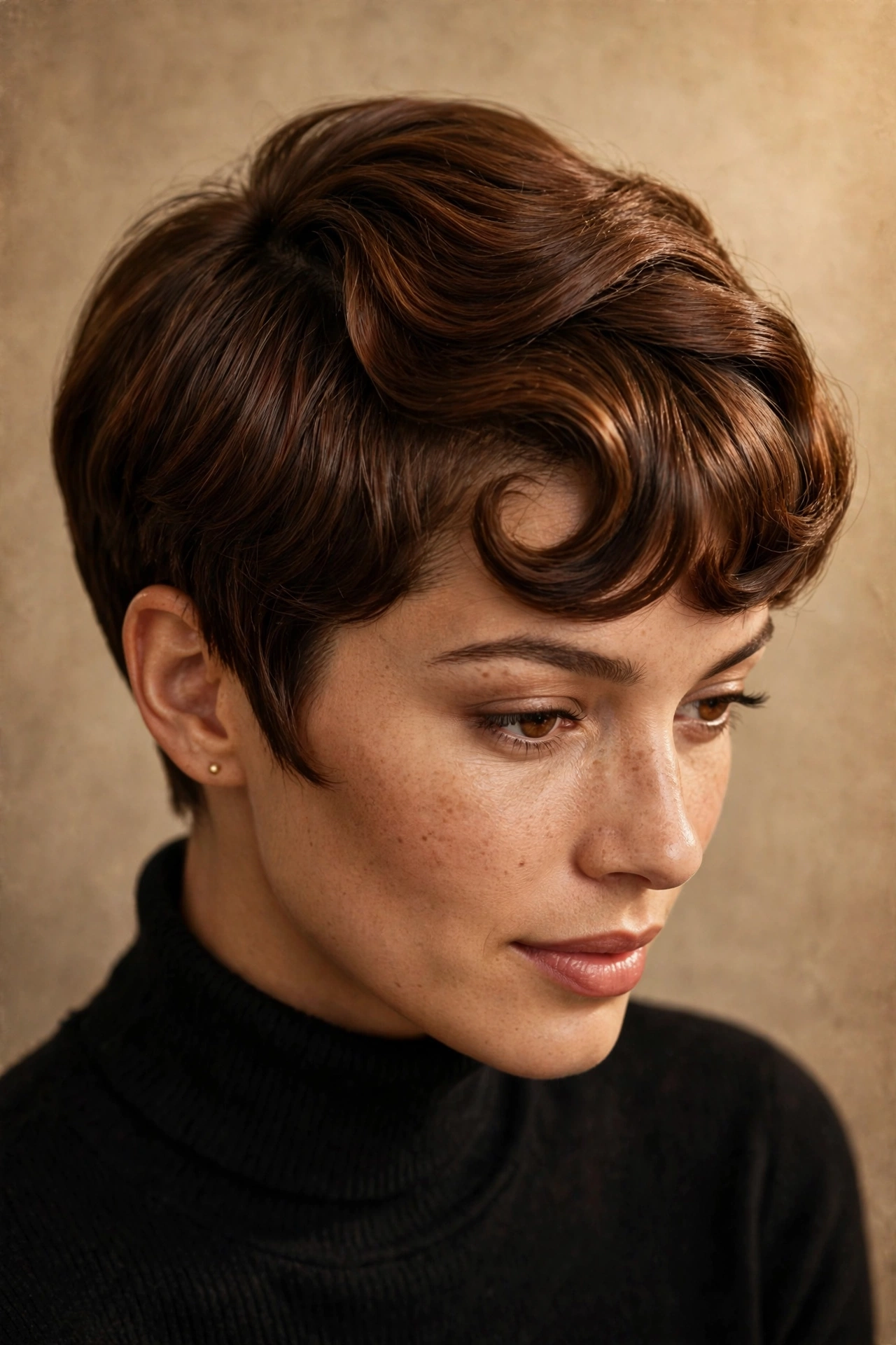 Vintage-inspired fringe pixie with retro curl-under fringe