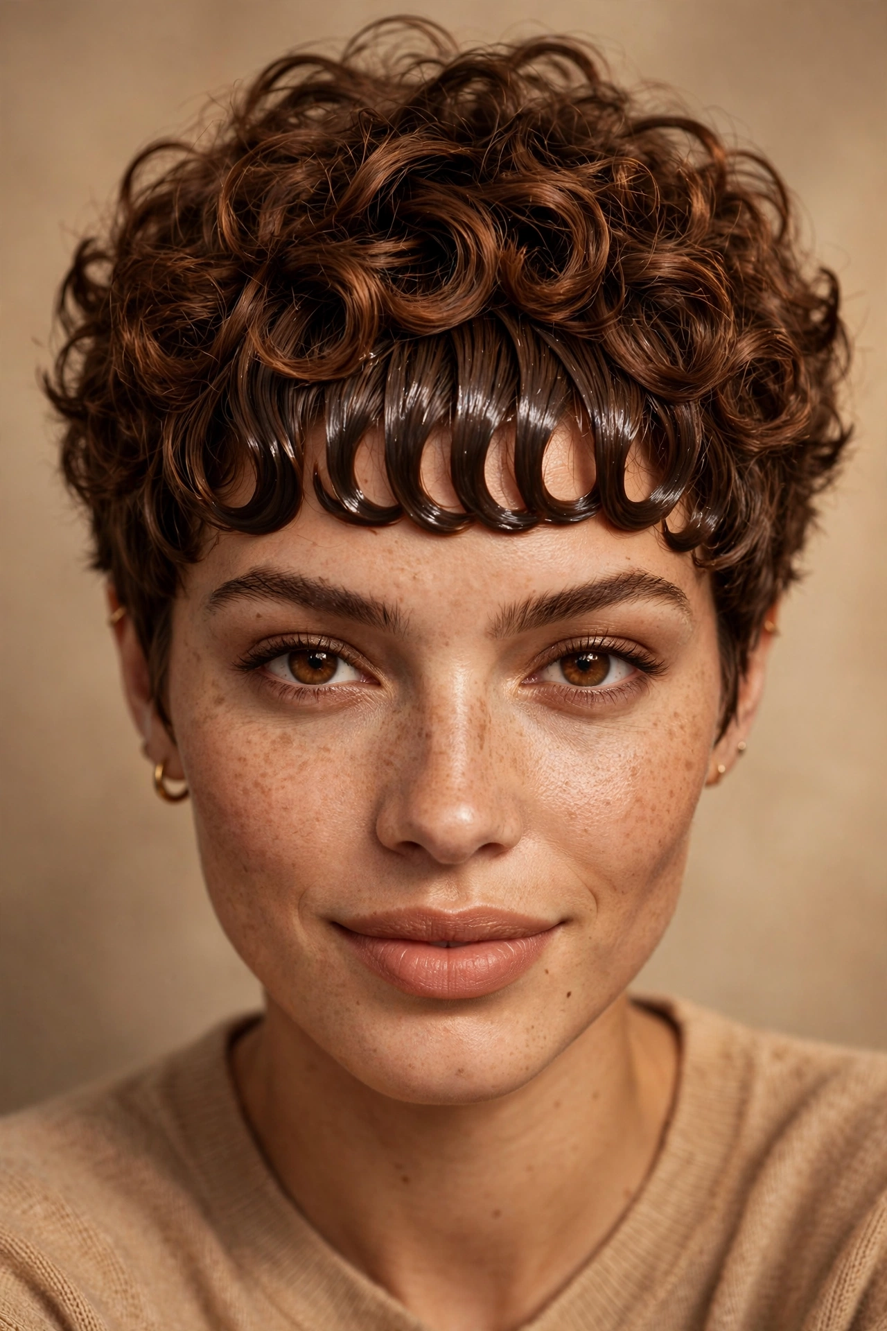 Curly pixie with gel-defined blunt-appearing 3B fringe